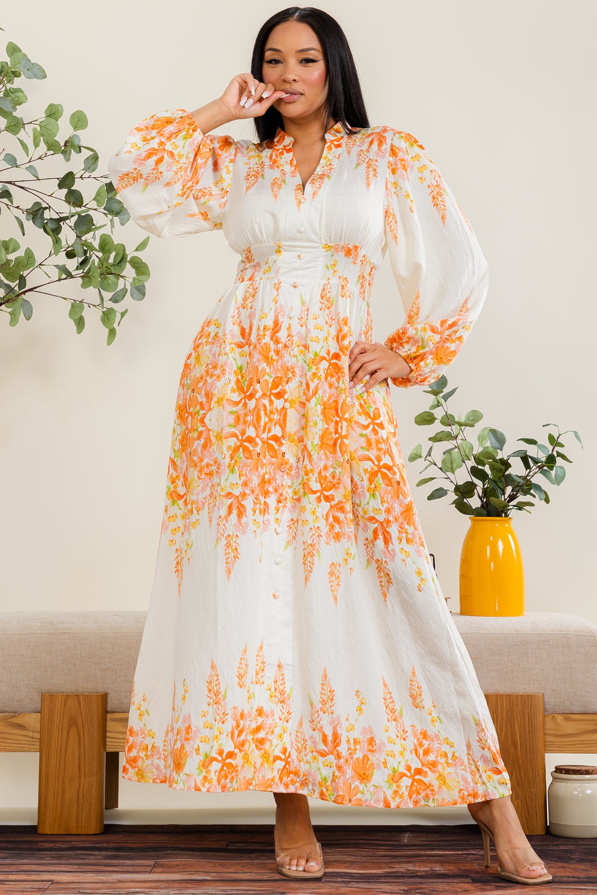 MD318-R - Floral Button-Front Maxi Dress