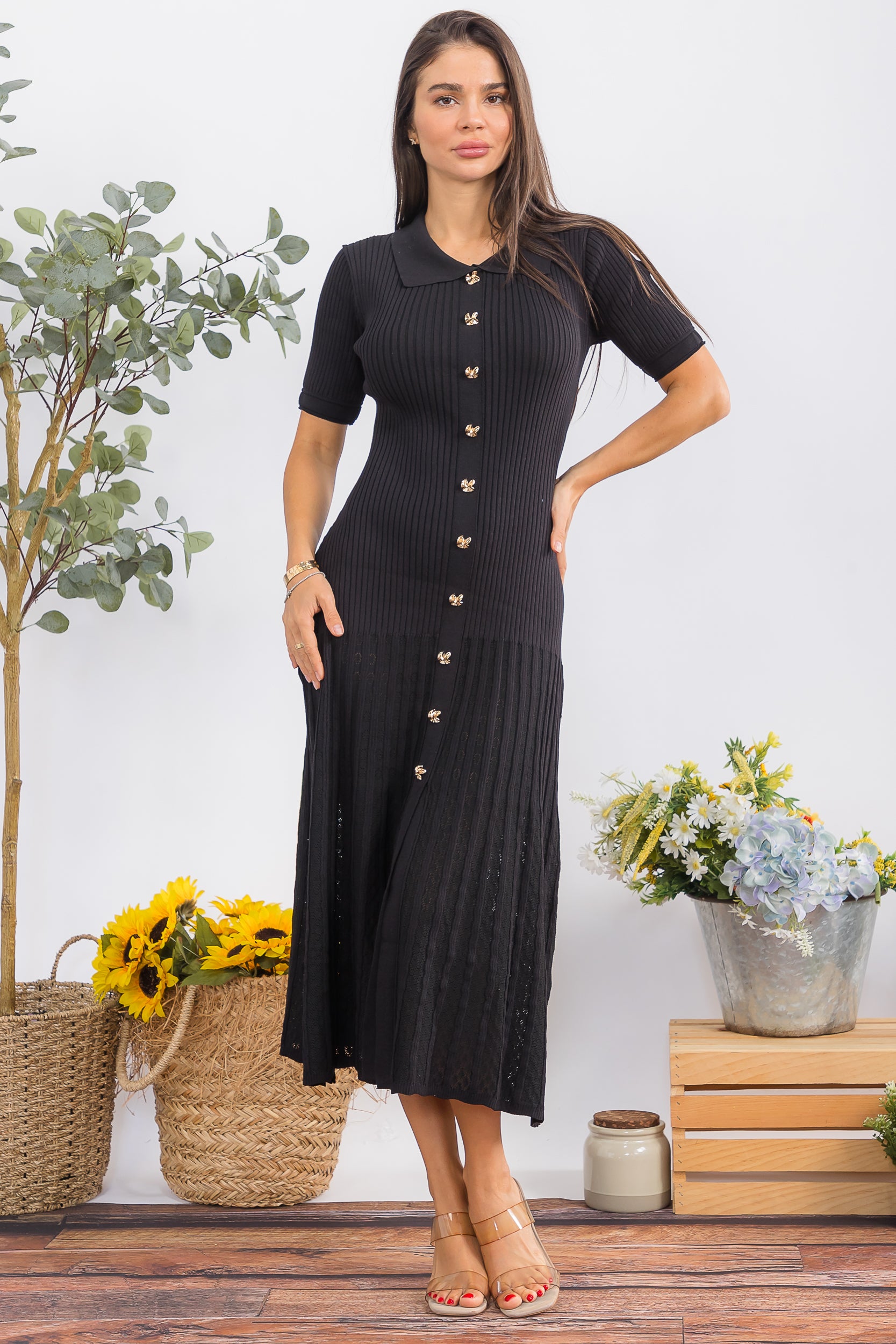 HH515 Button-Front Rib Knit Midi Dress