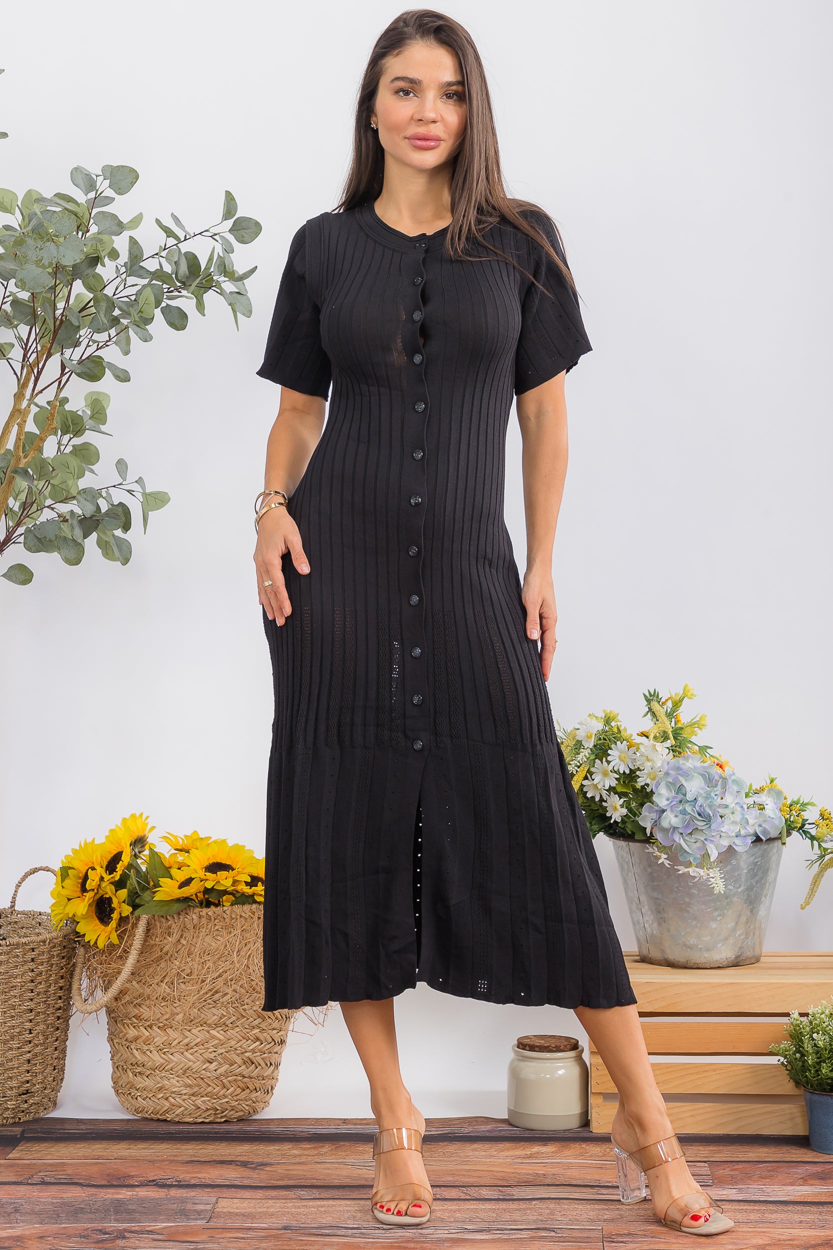 HH9982 Flutter Sleeve Ribbed Midi Dress