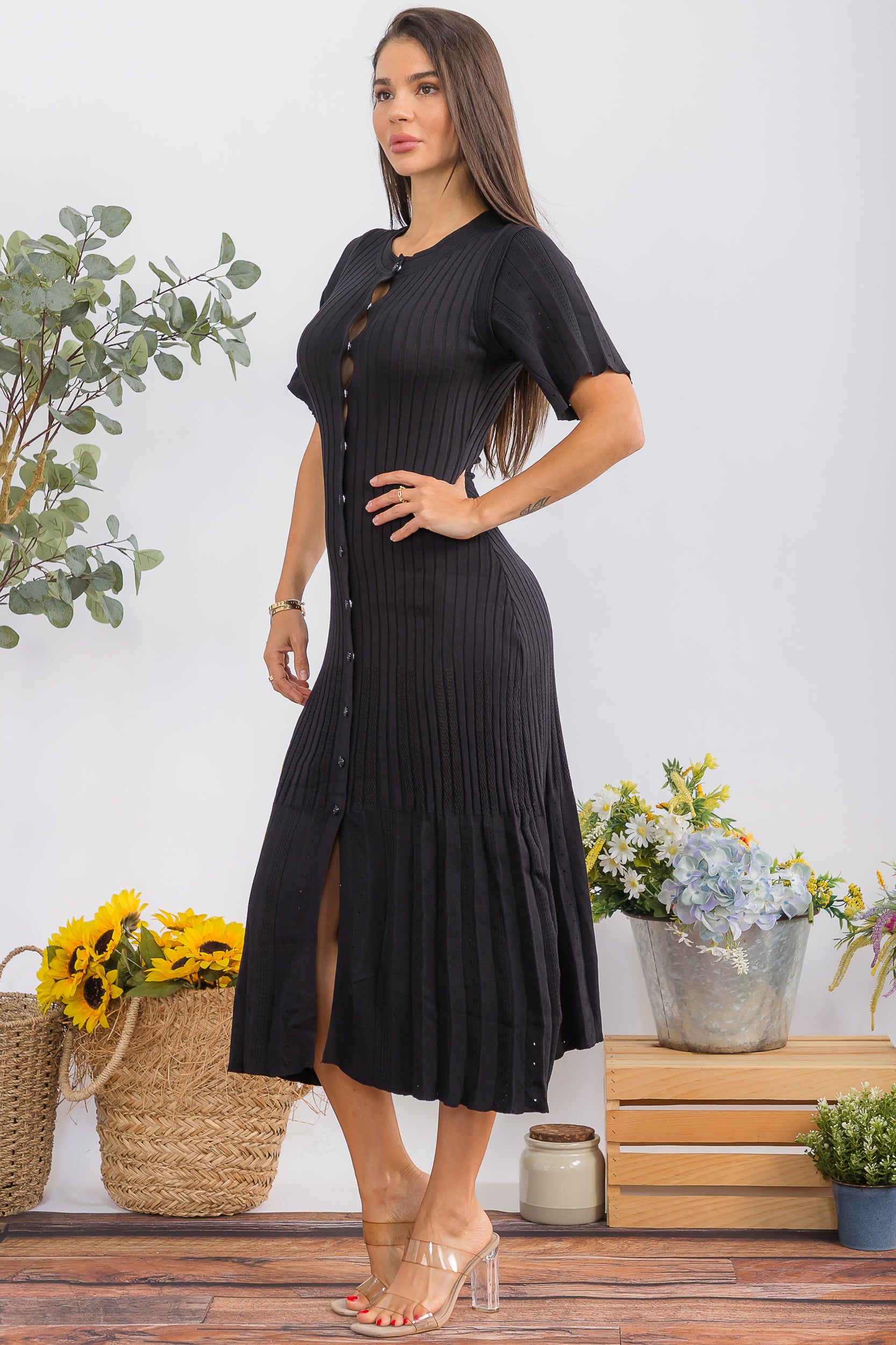 HH9982 Flutter Sleeve Ribbed Midi Dress