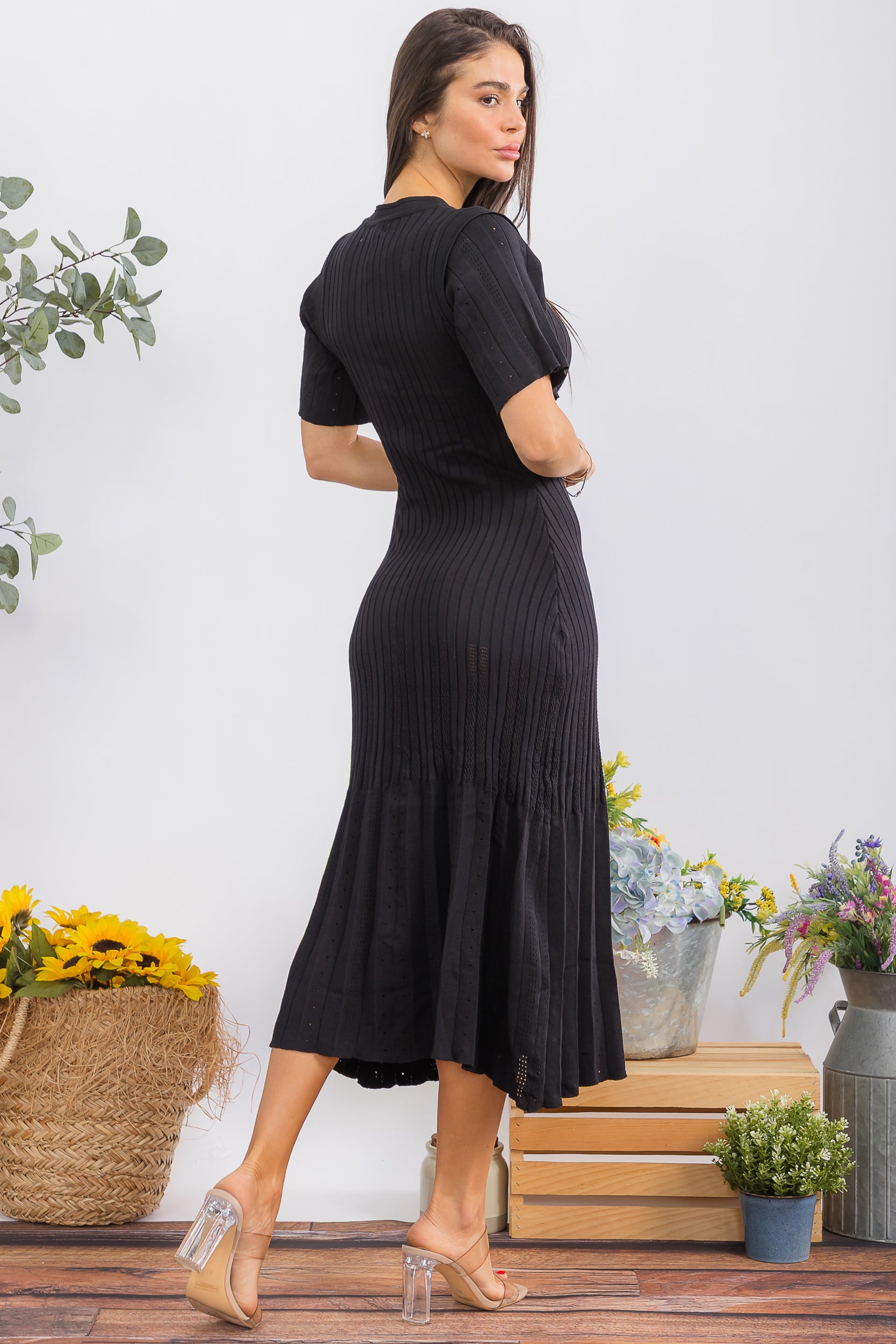 HH9982 Flutter Sleeve Ribbed Midi Dress