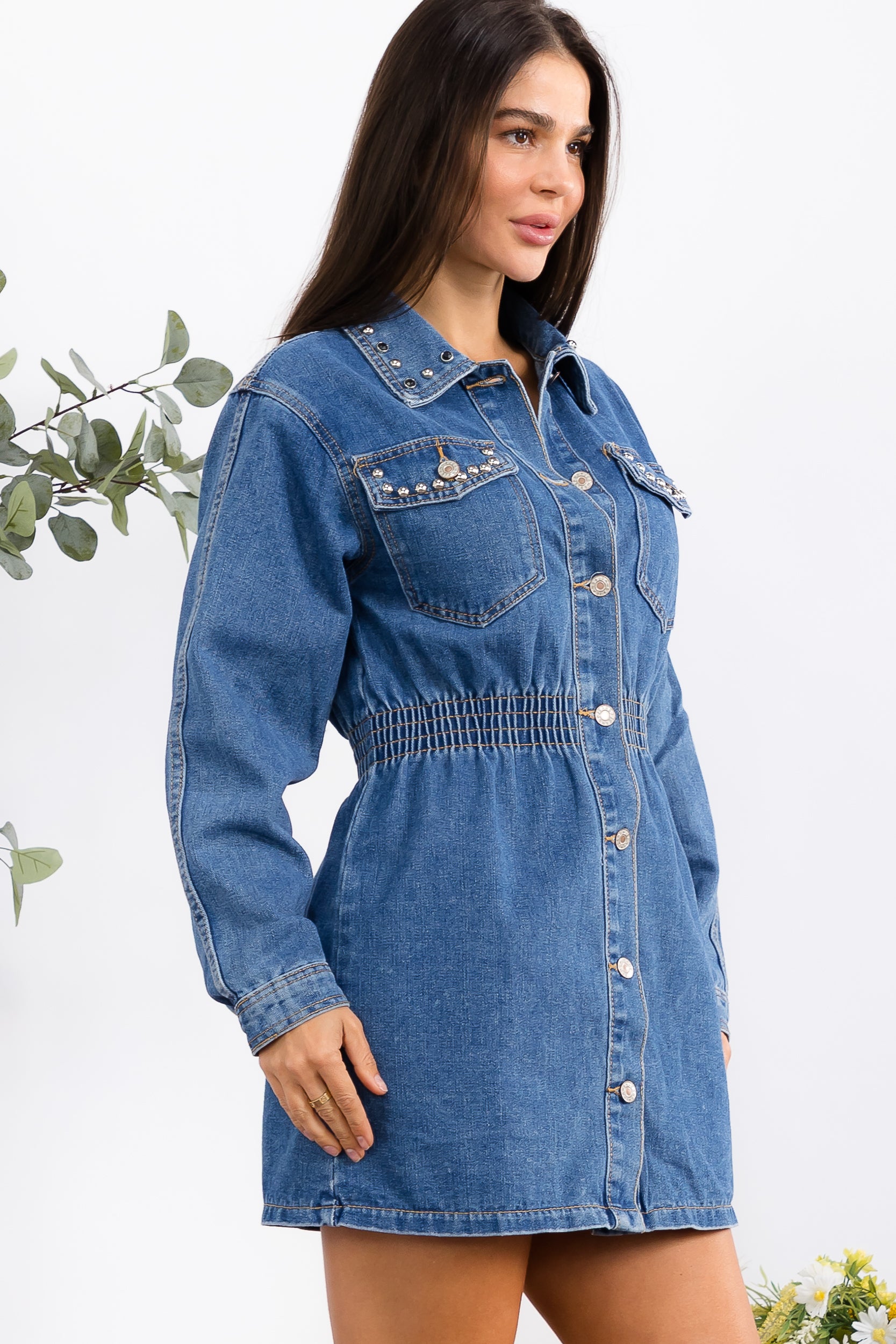 J821 Studded Denim Button-Down Mini Dress