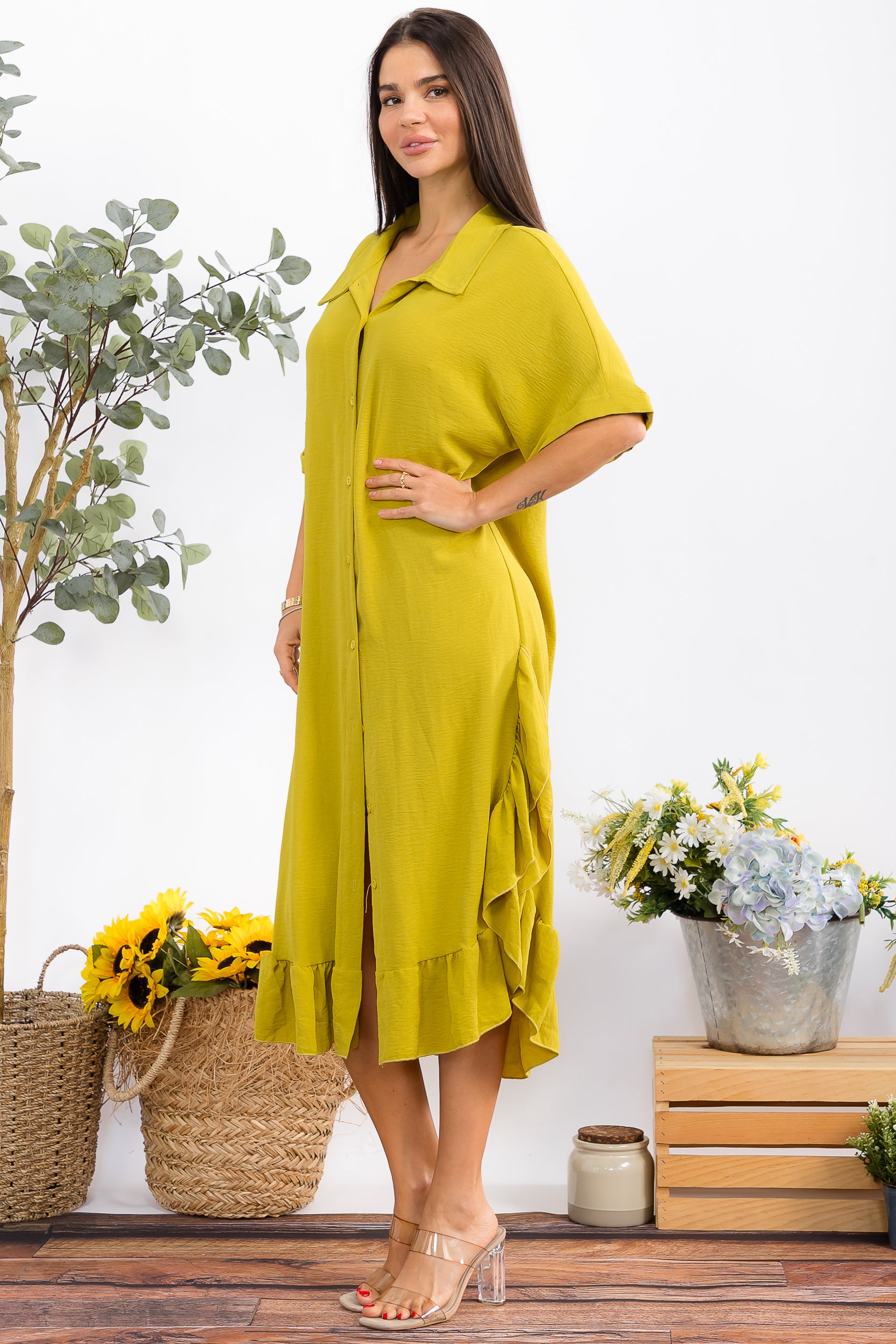 HH25100-X Plus Size Ruffled Button-Down Midi Dress