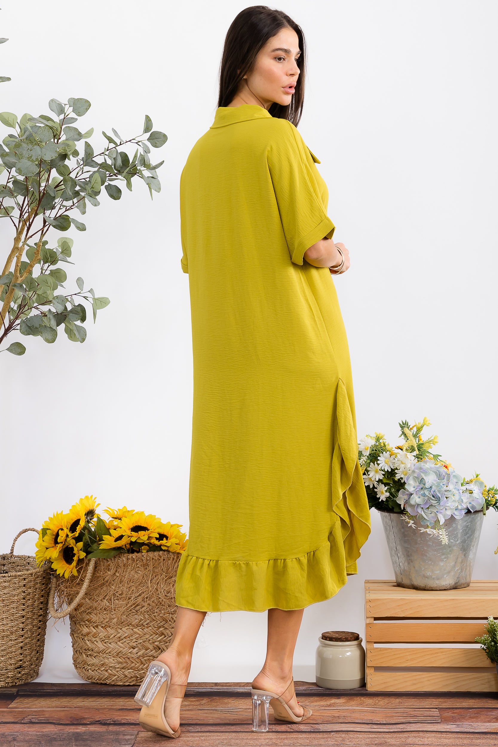 HH25100-X Plus Size Ruffled Button-Down Midi Dress