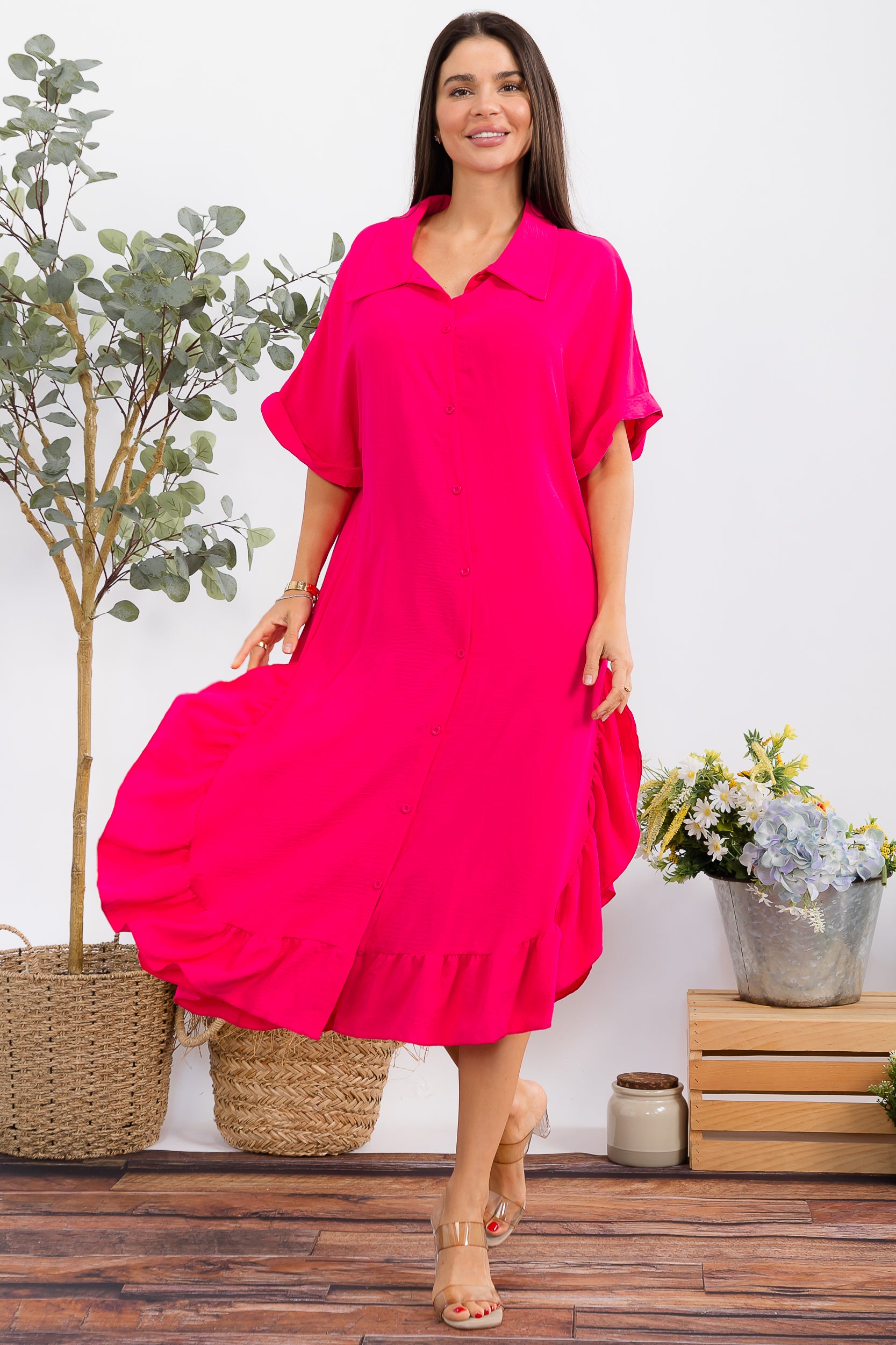 HH25100-X Plus Size Ruffled Button-Down Midi Dress