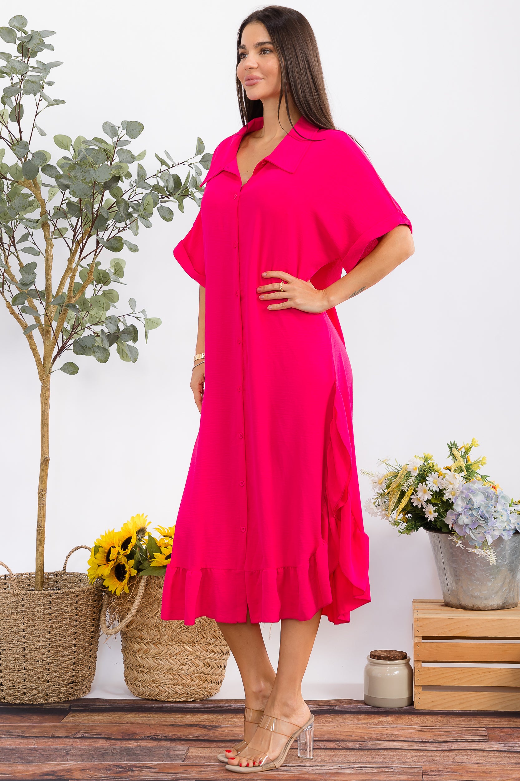 HH25100-X Plus Size Ruffled Button-Down Midi Dress
