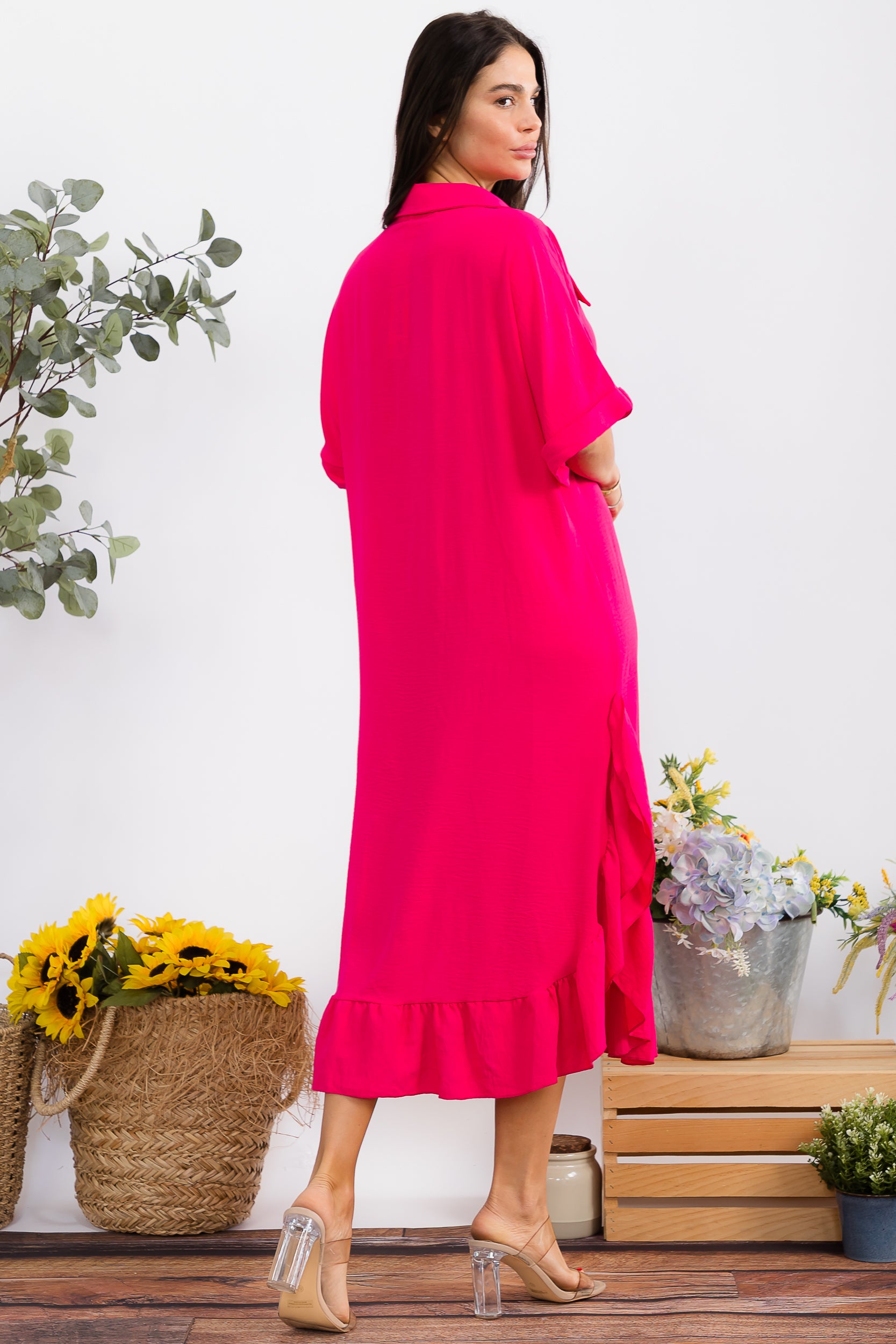 HH25100-X Plus Size Ruffled Button-Down Midi Dress