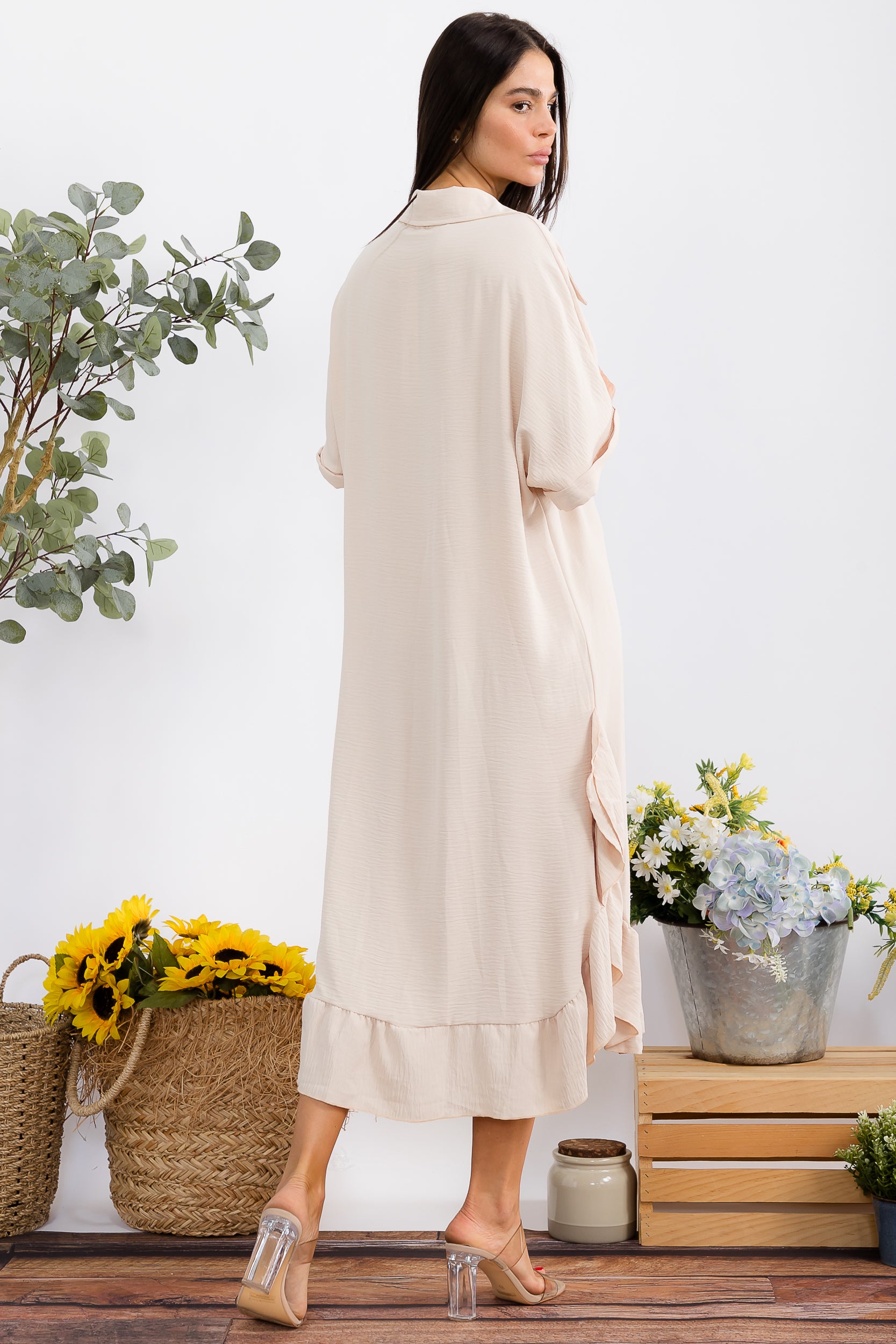 HH25100-X Plus Size Ruffled Button-Down Midi Dress