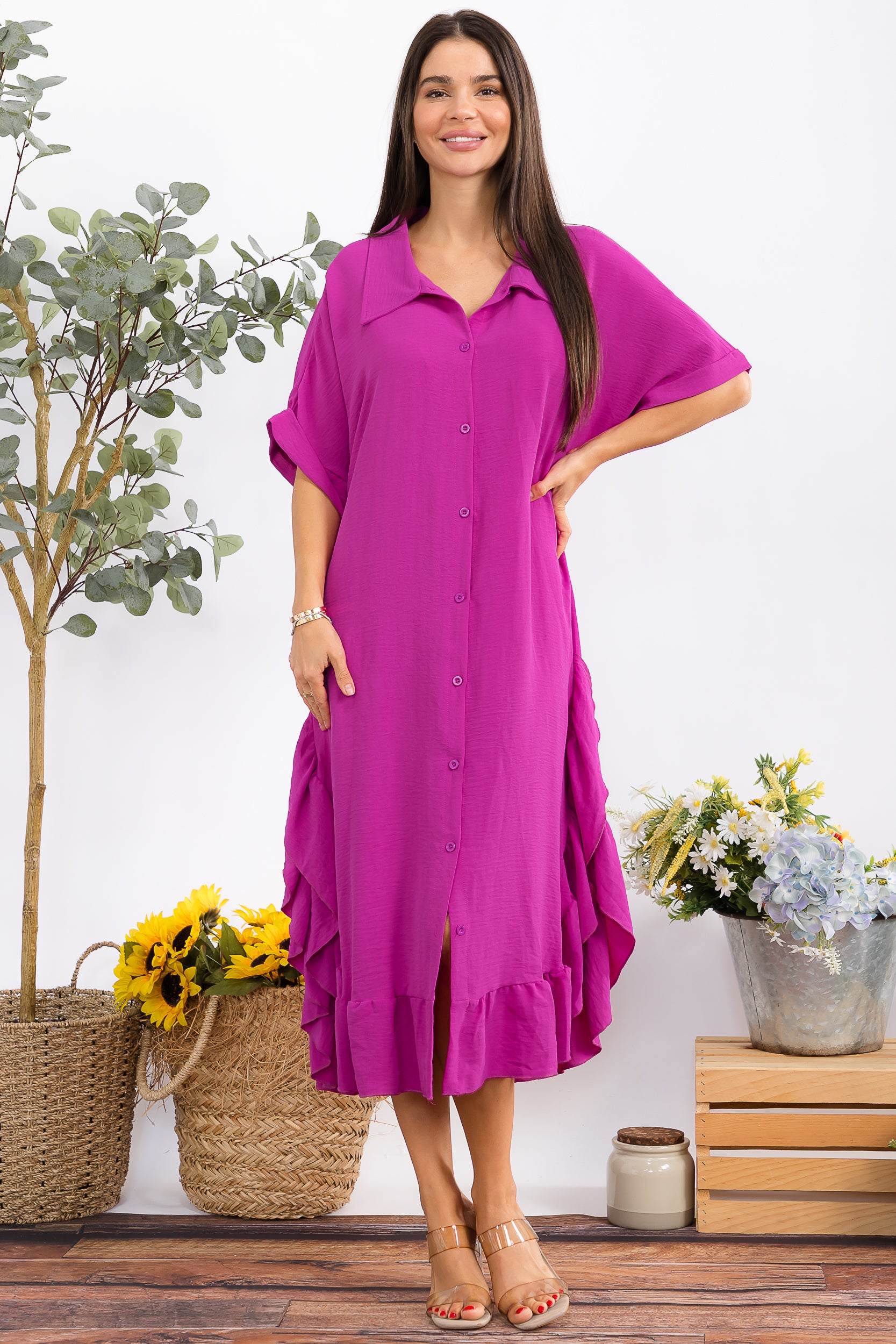 HH25100-X Plus Size Ruffled Button-Down Midi Dress