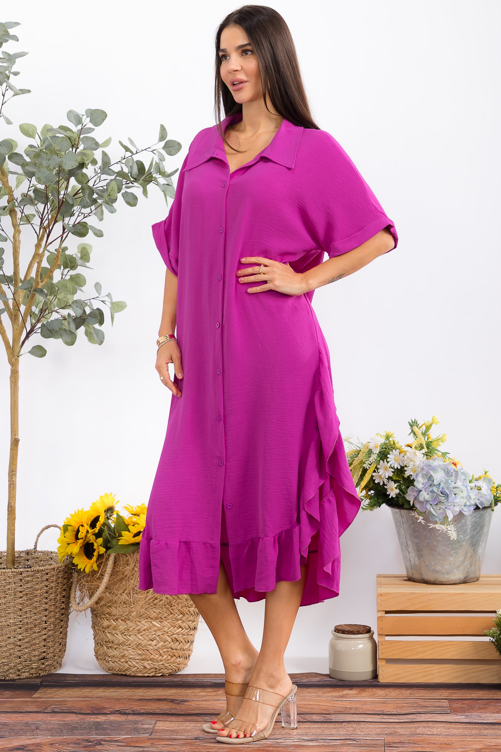 HH25100-X Plus Size Ruffled Button-Down Midi Dress