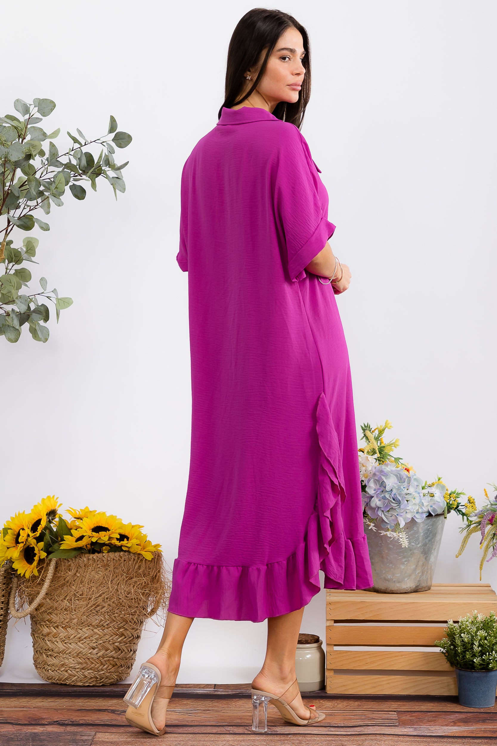 HH25100-X Plus Size Ruffled Button-Down Midi Dress