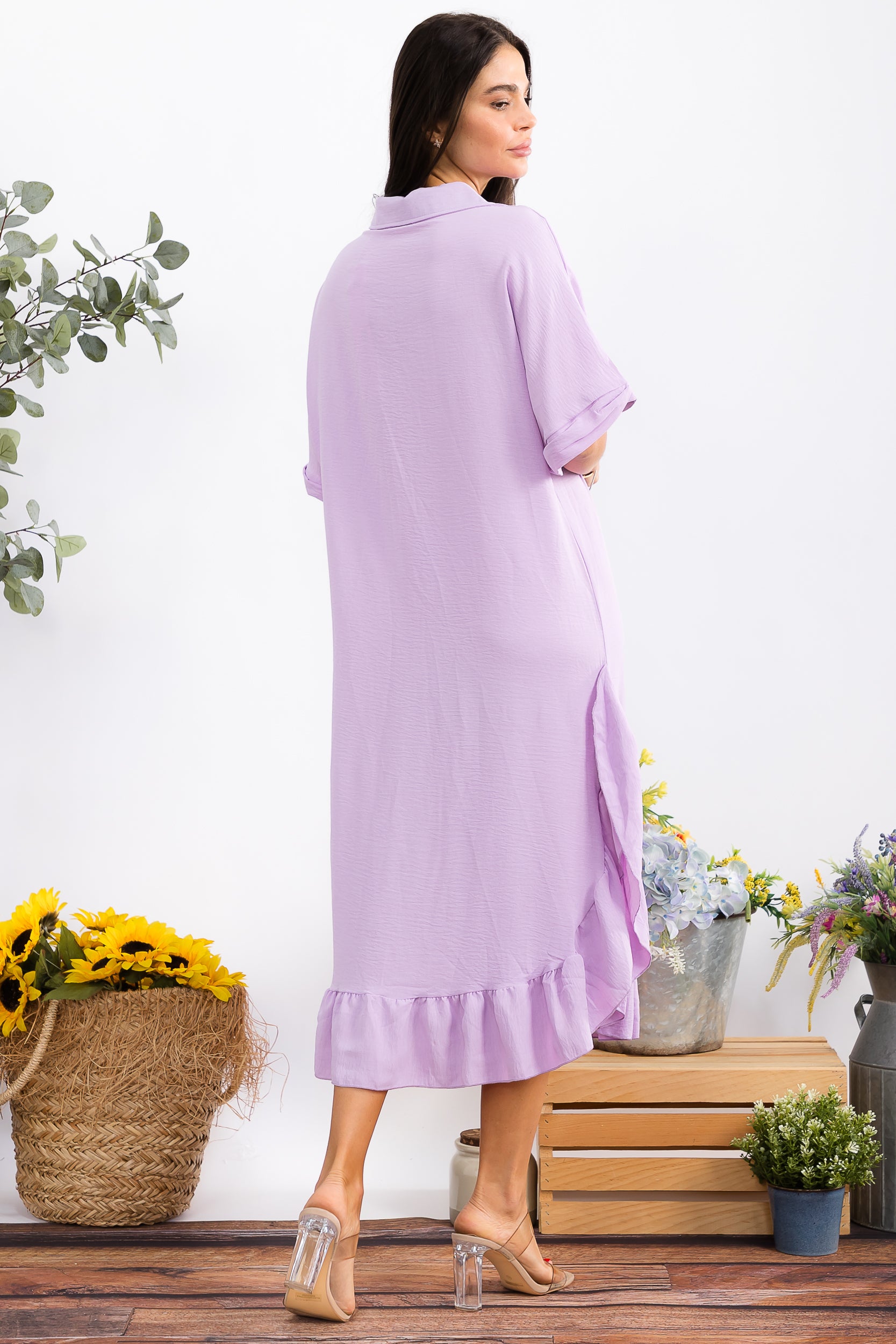 HH25100-X Plus Size Ruffled Button-Down Midi Dress