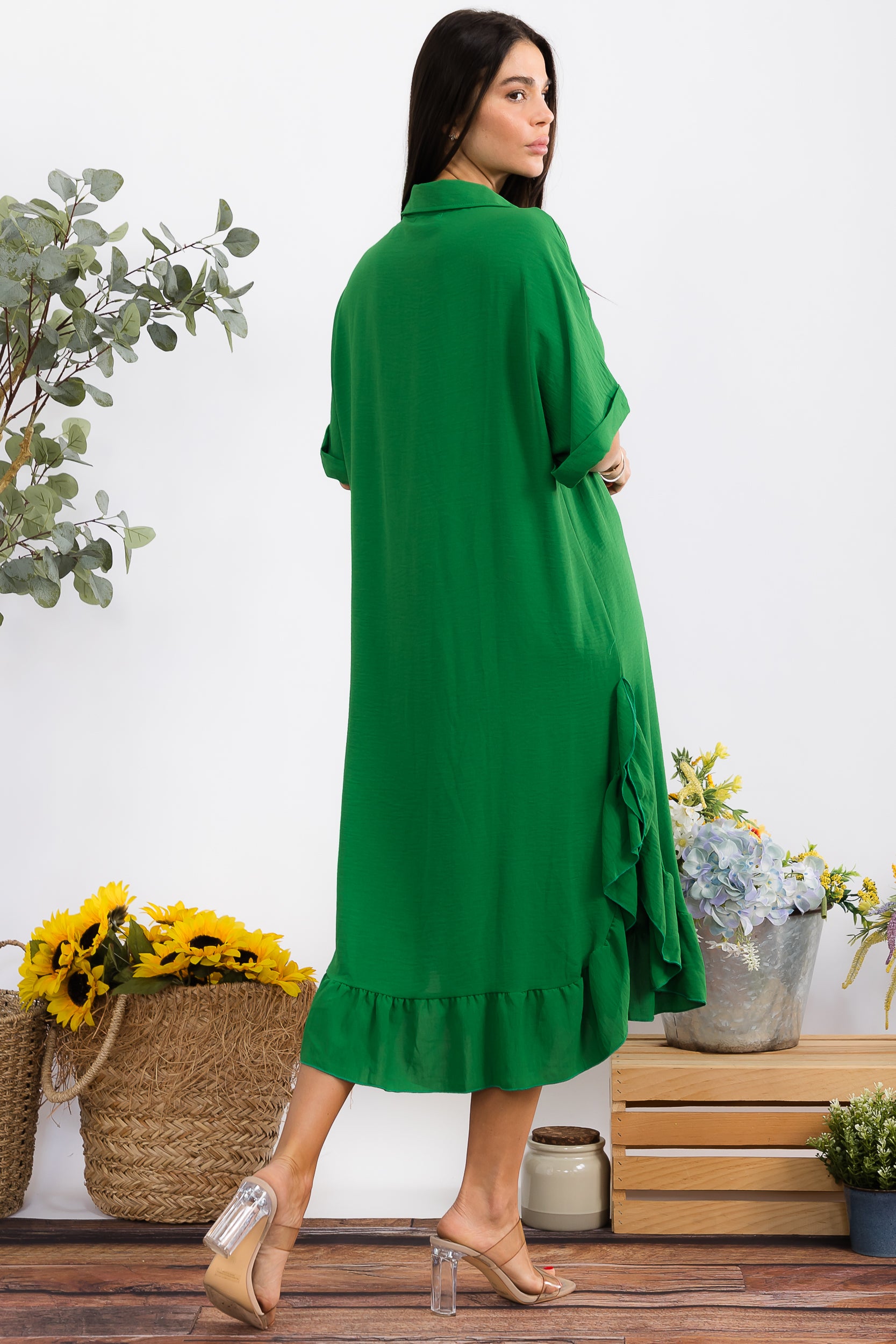 HH25100-X Plus Size Ruffled Button-Down Midi Dress