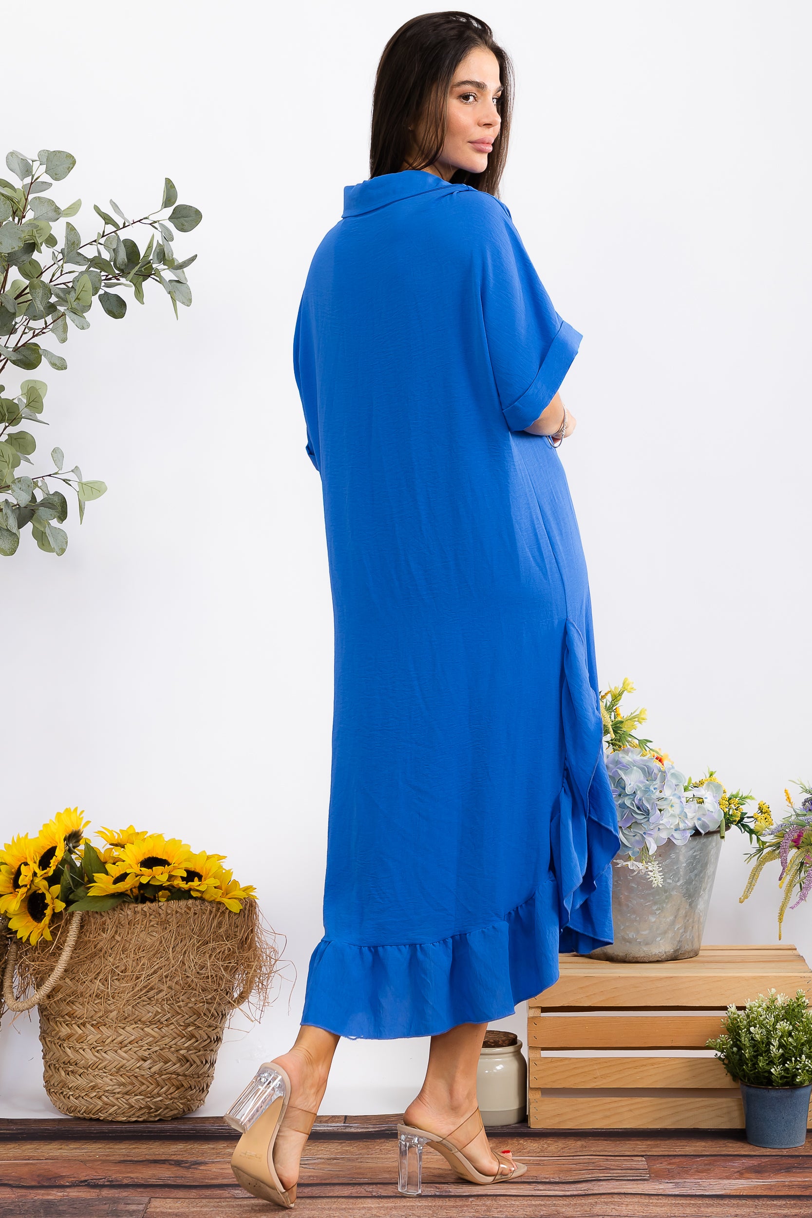 HH25100-X Plus Size Ruffled Button-Down Midi Dress