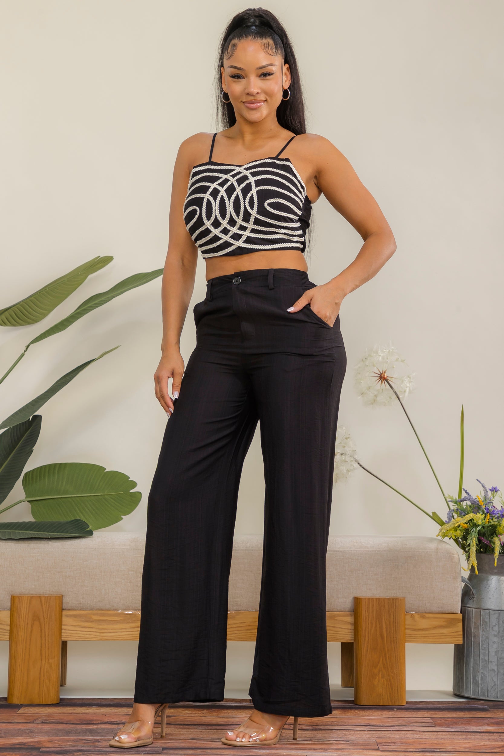 ES418 - Rope Detail Crop Top & Wide Leg Pant Set