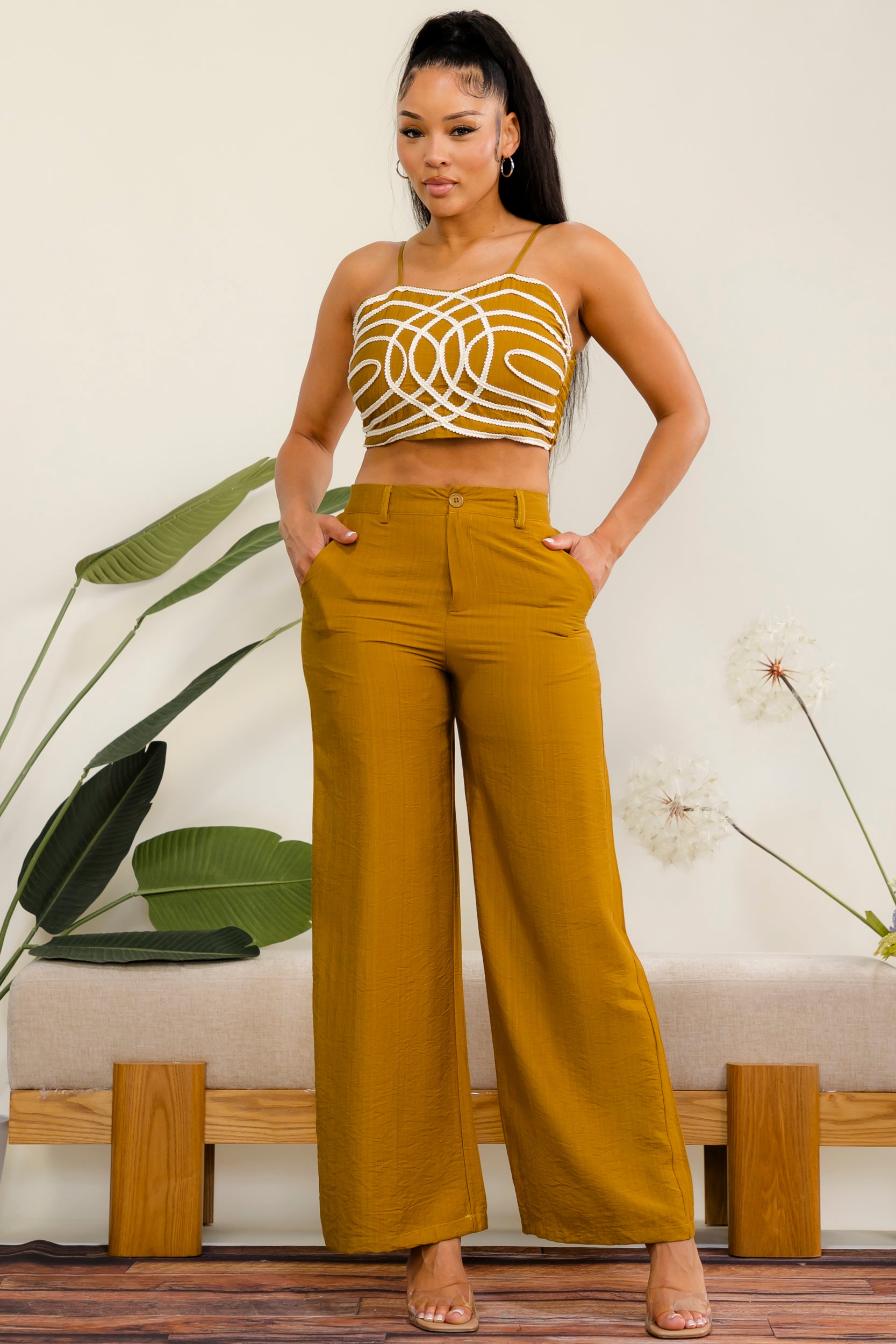 ES418 - Rope Detail Crop Top & Wide Leg Pant Set