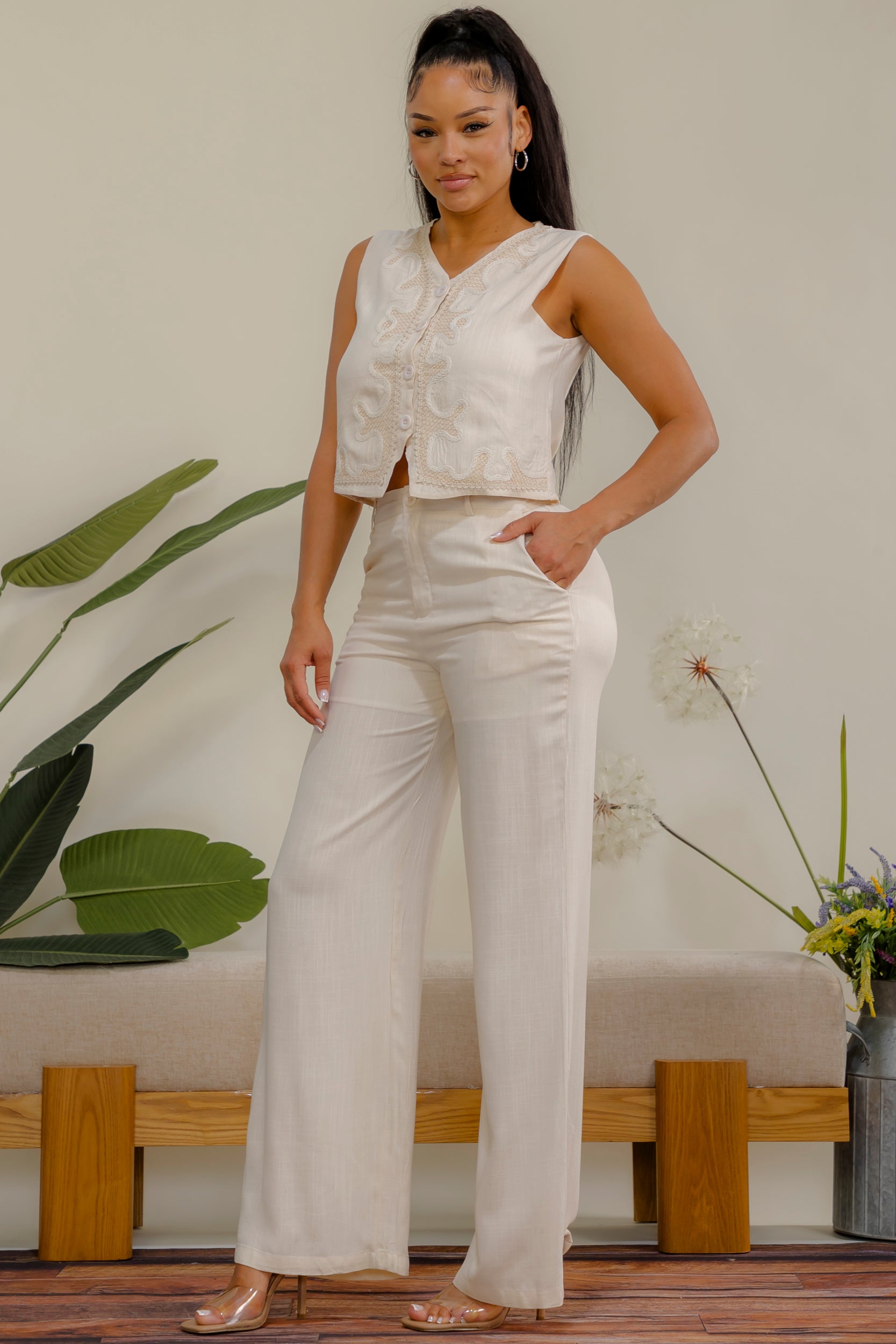 ES419 - Embroidered Vest & Wide Leg Pant Set