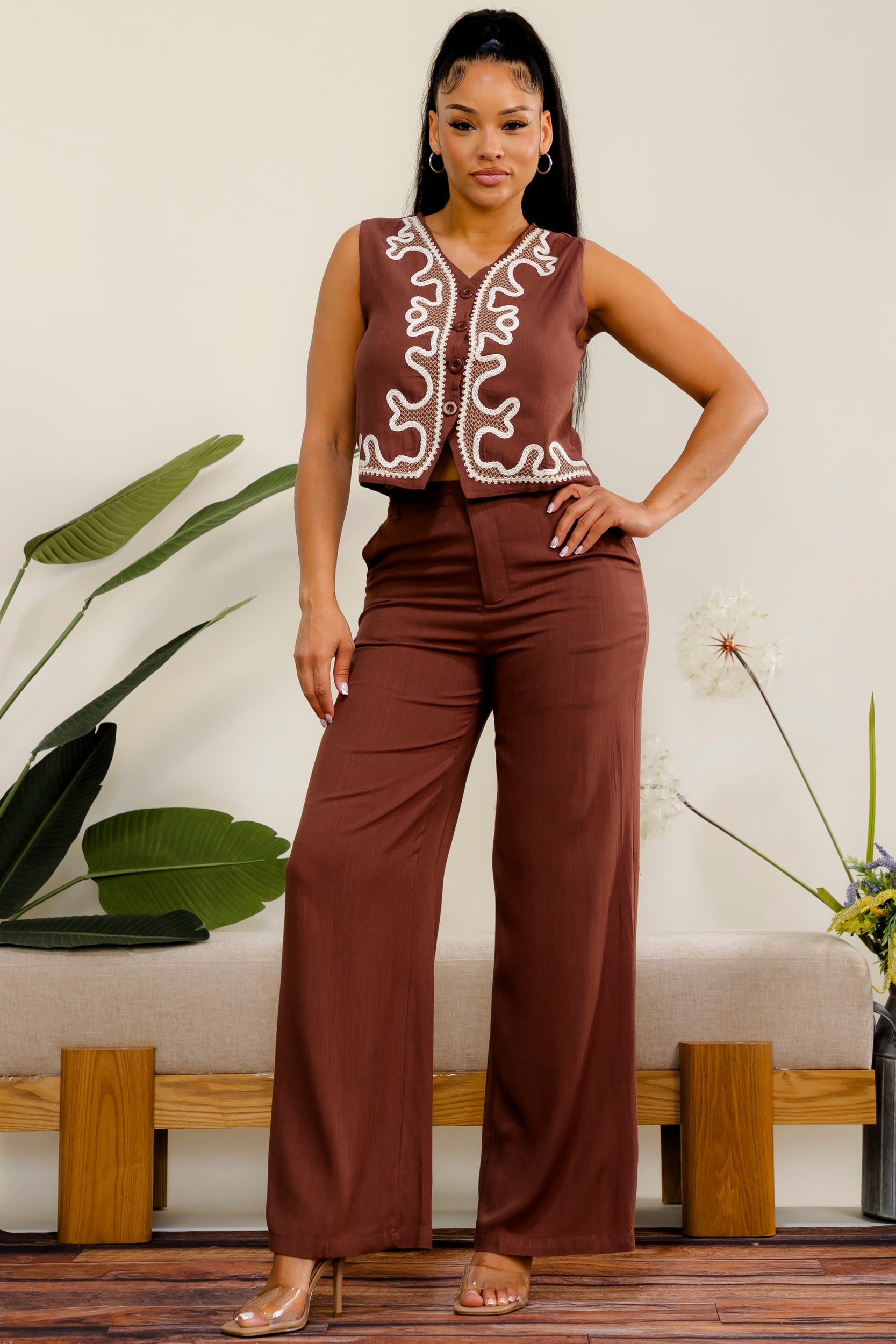 ES419 - Embroidered Vest & Wide Leg Pant Set