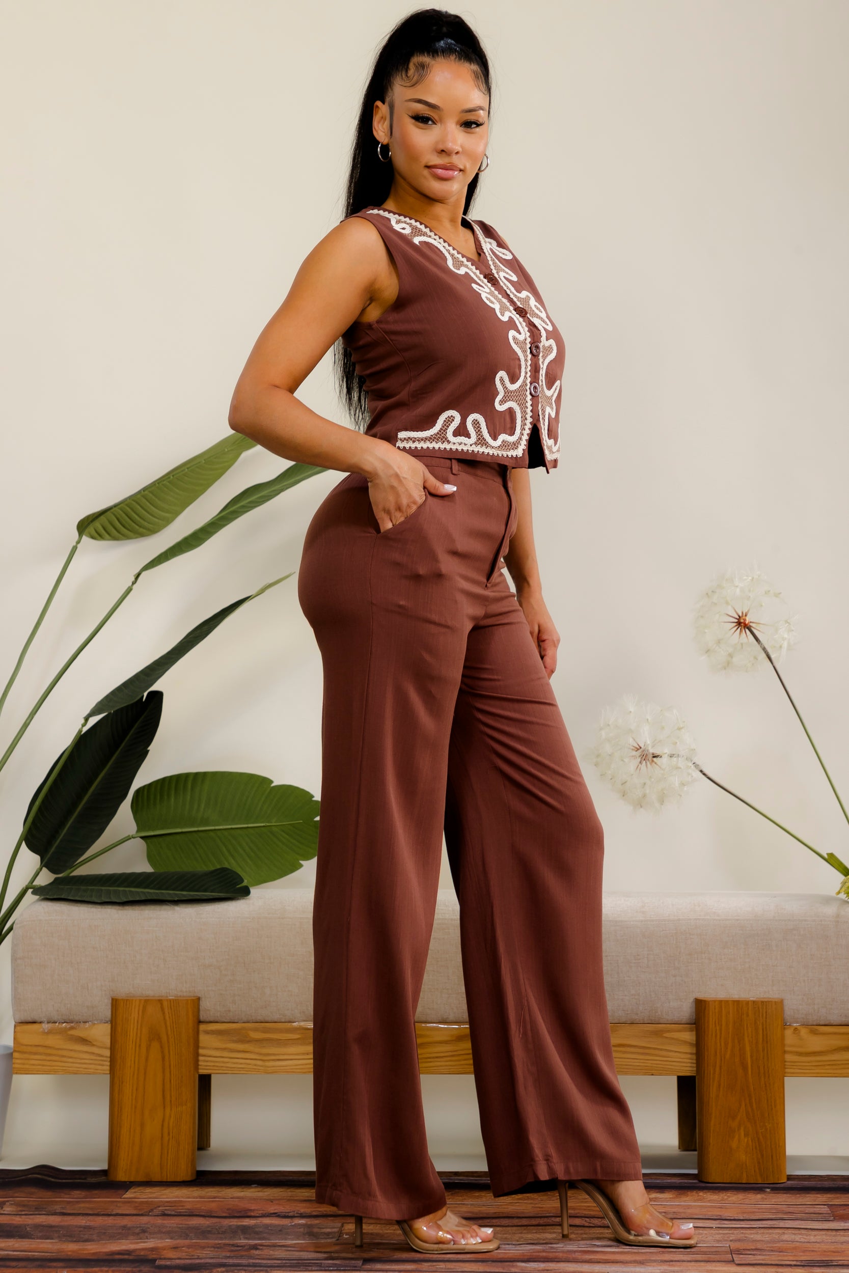 ES419 - Embroidered Vest & Wide Leg Pant Set