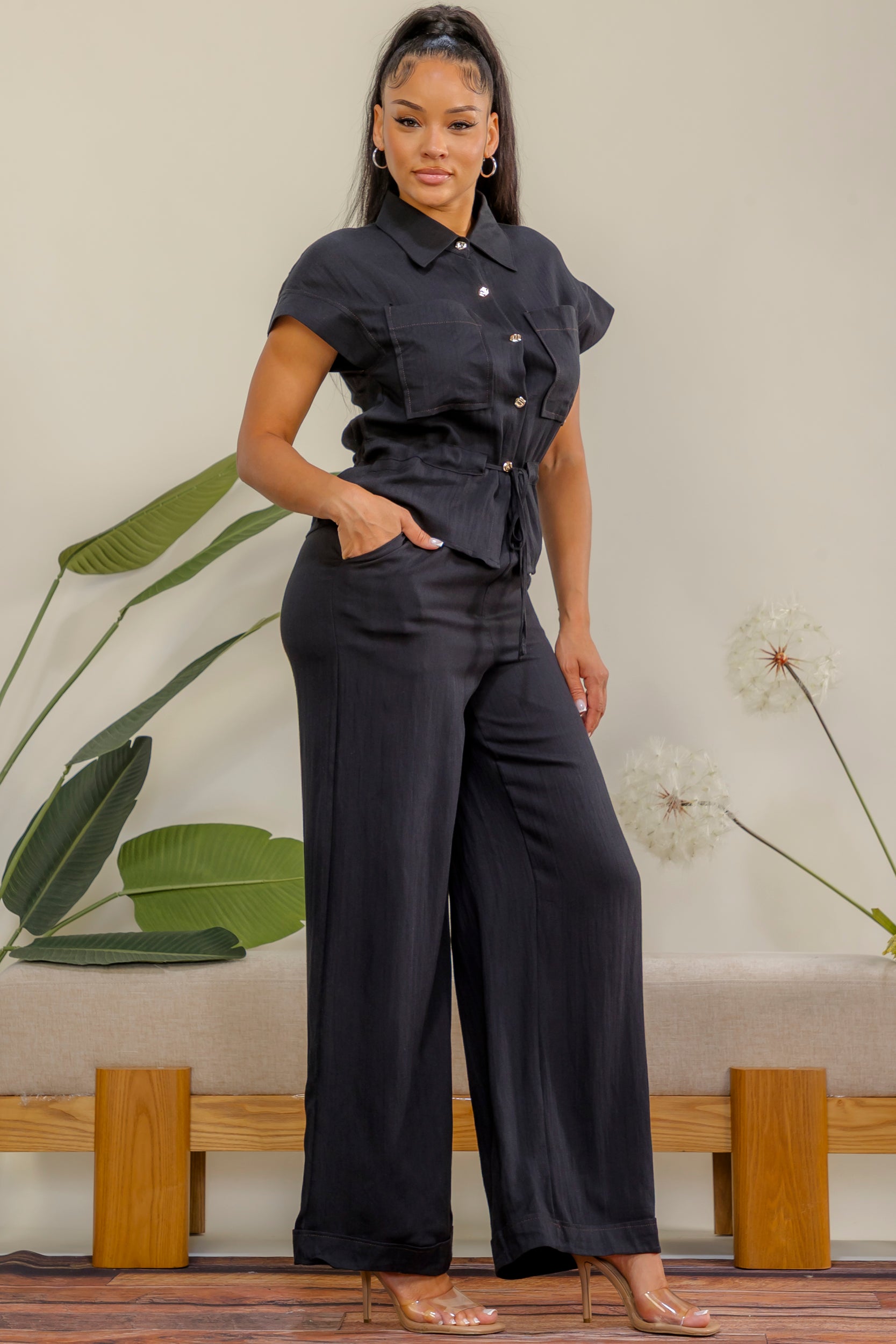 ES417-R - Button Drawstring Wide Leg Set