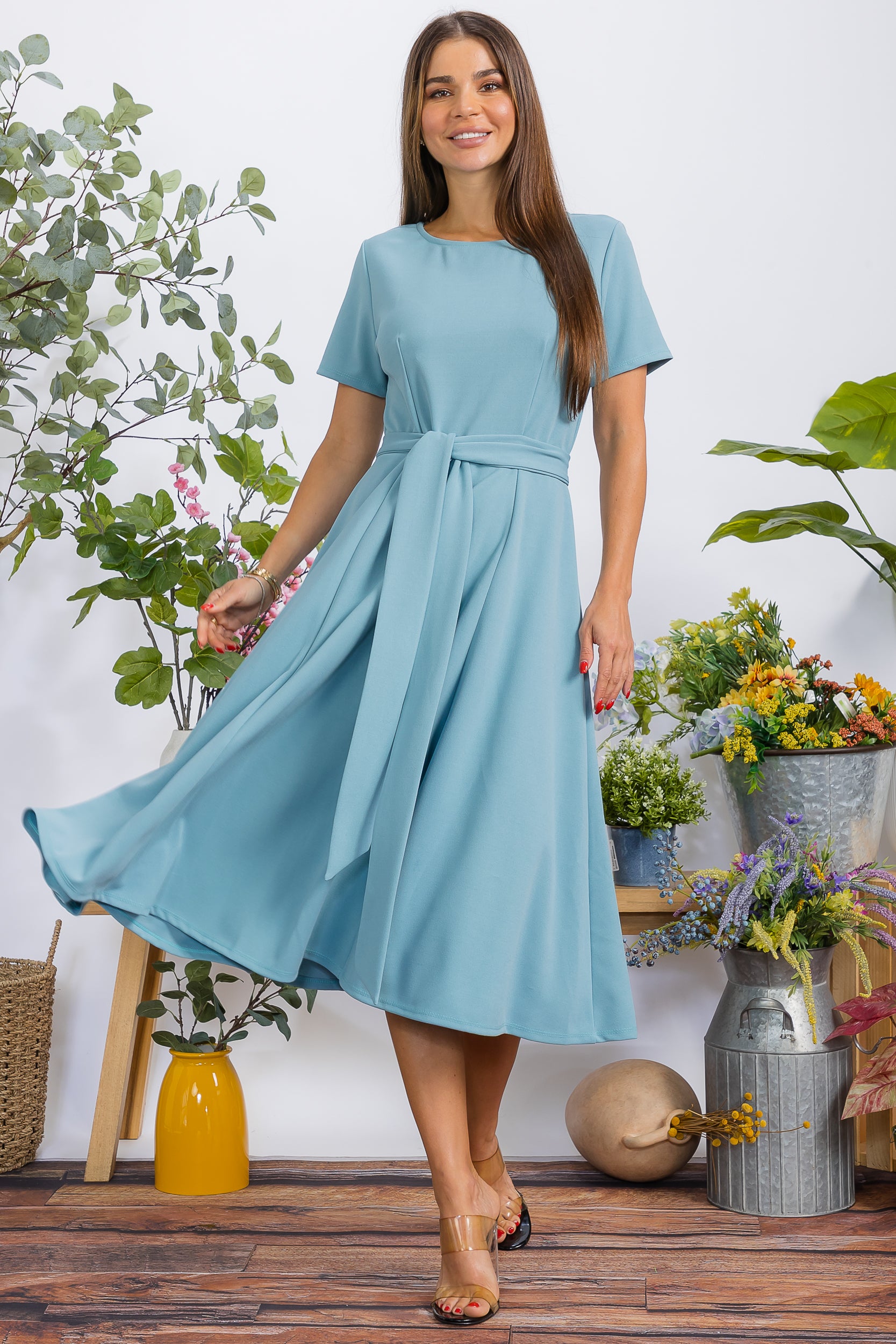 HH726BX-S Plus Size Roll Up Sleeve Belted Dress