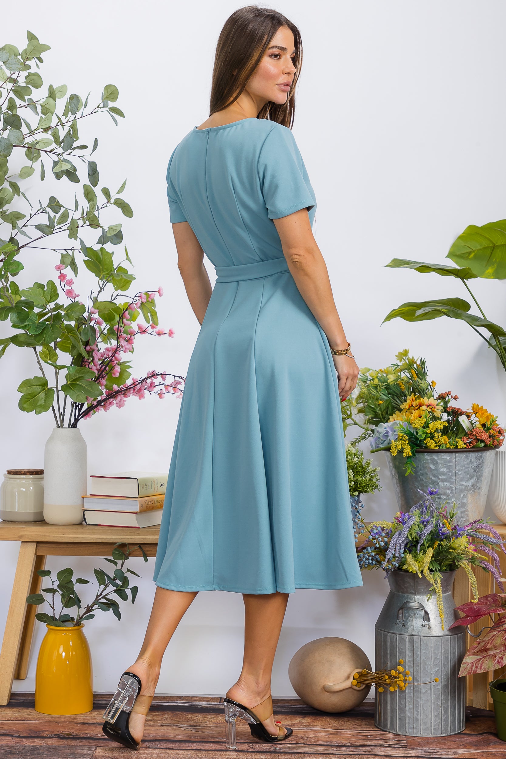 HH726BX-S Plus Size Roll Up Sleeve Belted Dress