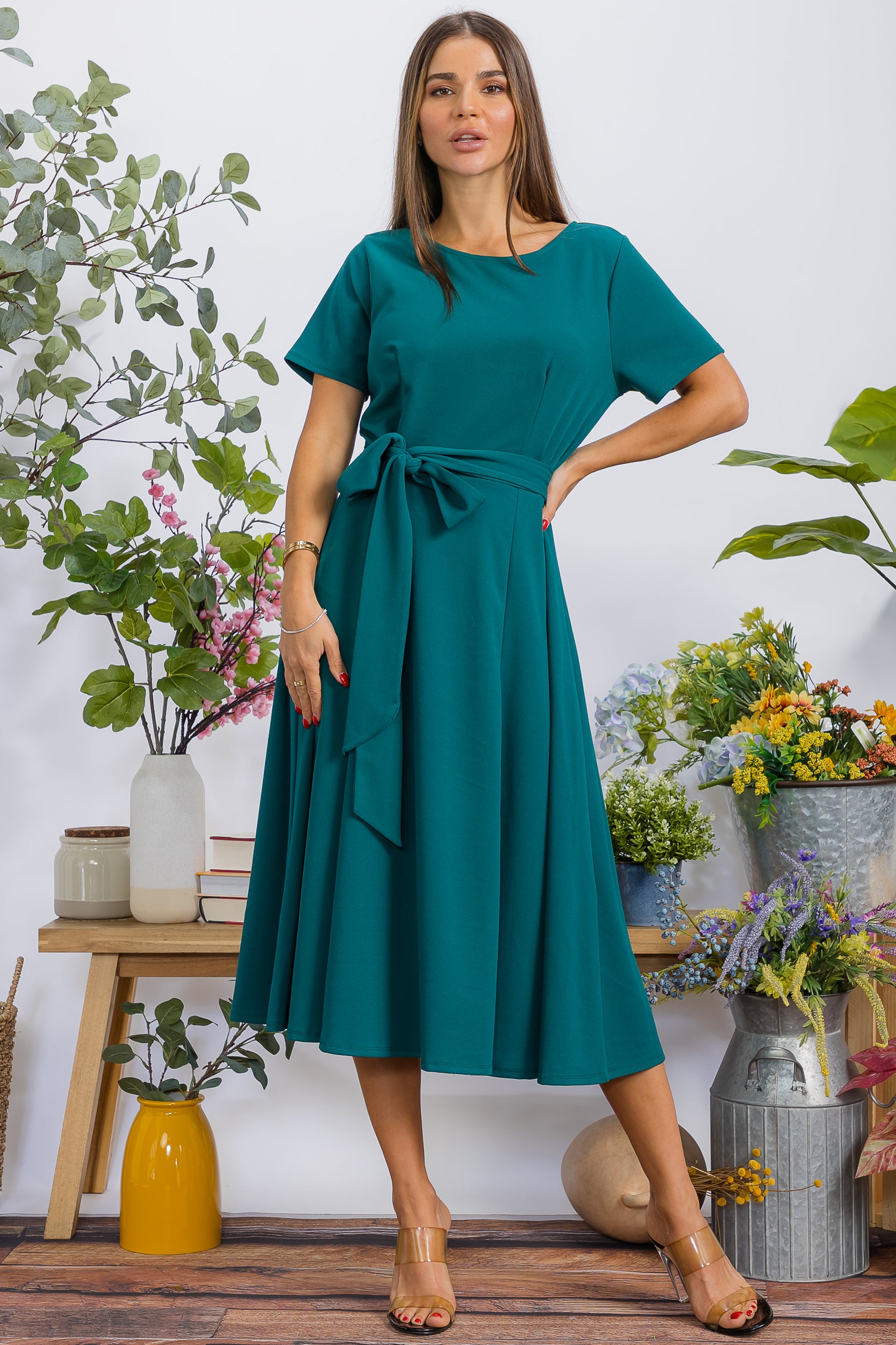 HH726BX-S Plus Size Roll Up Sleeve Belted Dress