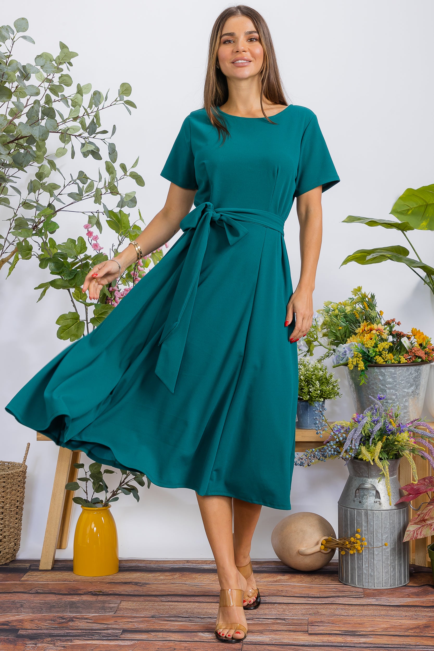 HH726BX-S Plus Size Roll Up Sleeve Belted Dress