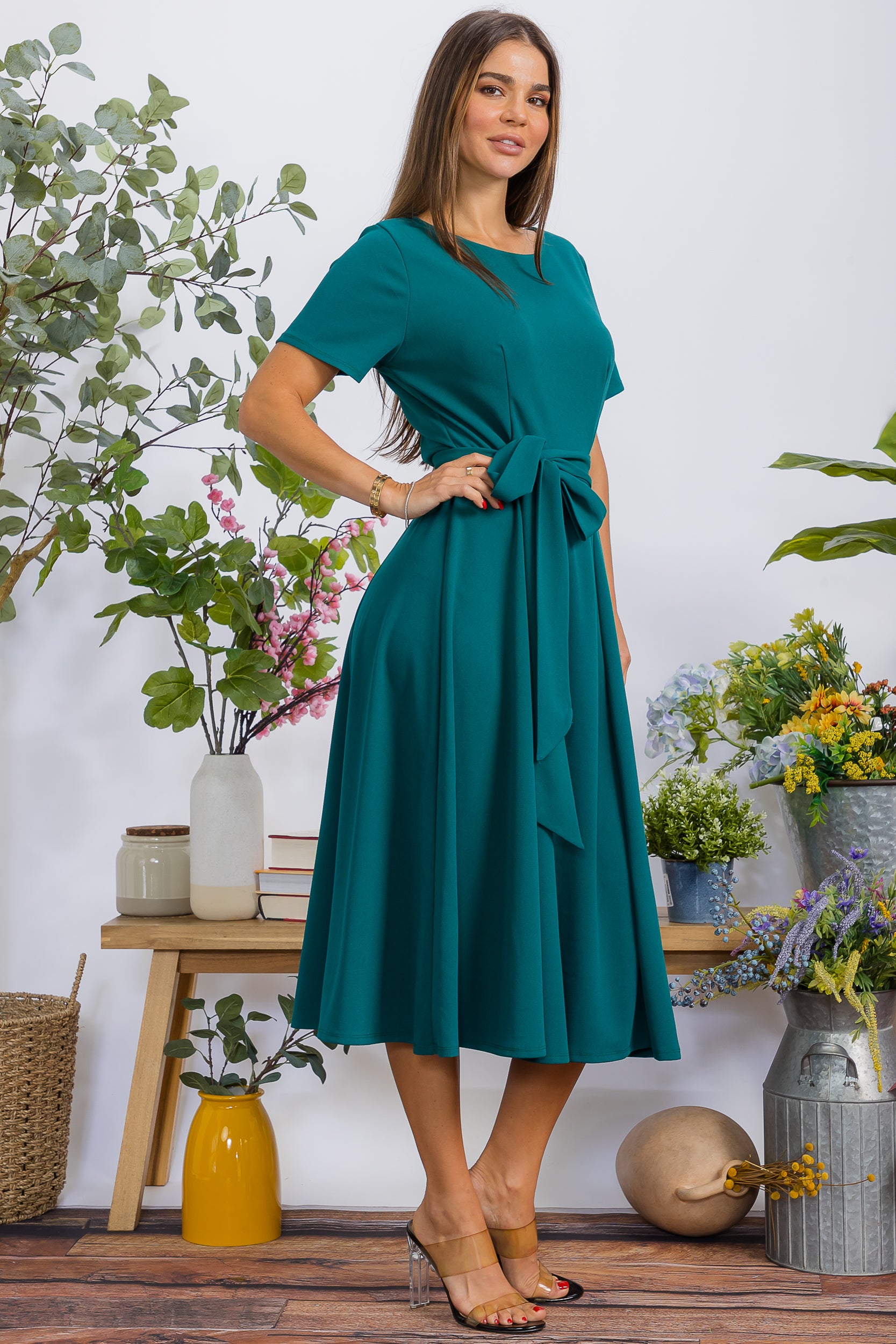 HH726BX-S Plus Size Roll Up Sleeve Belted Dress
