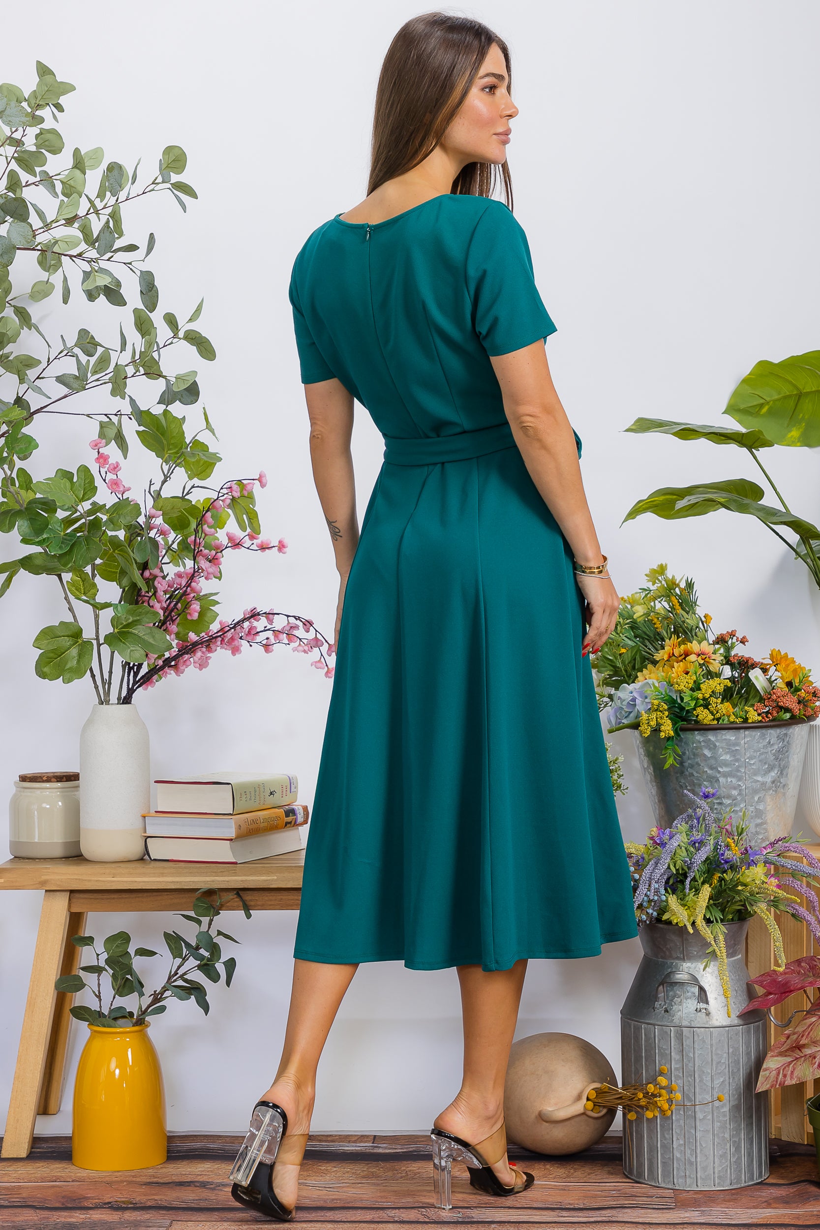 HH726BX-S Plus Size Roll Up Sleeve Belted Dress
