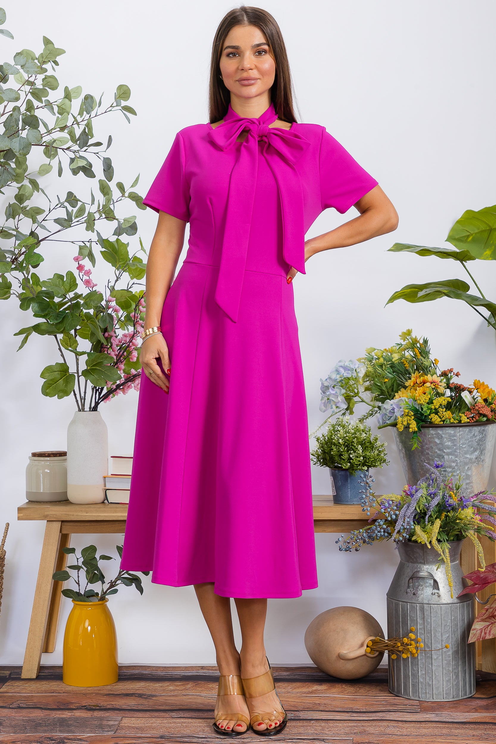 HH726BX-S Plus Size Roll Up Sleeve Belted Dress