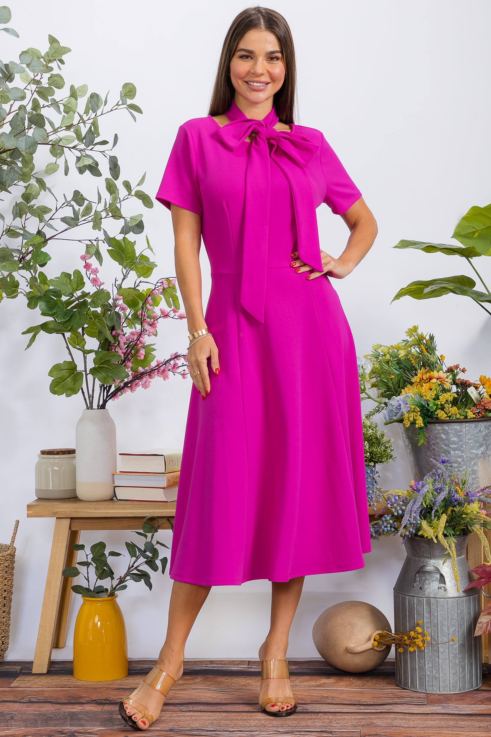 HH726BX-S Plus Size Roll Up Sleeve Belted Dress