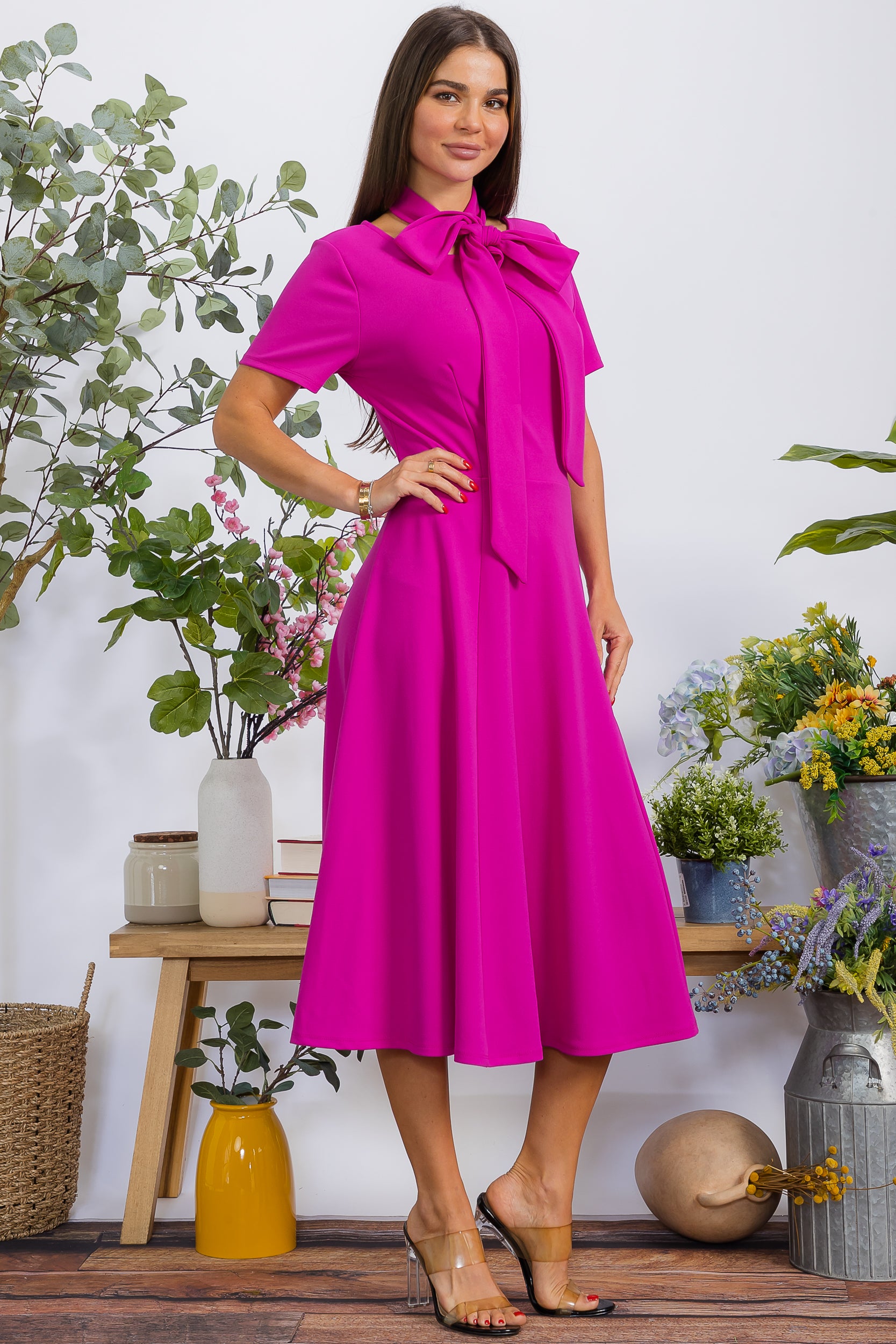 HH726BX-S Plus Size Roll Up Sleeve Belted Dress