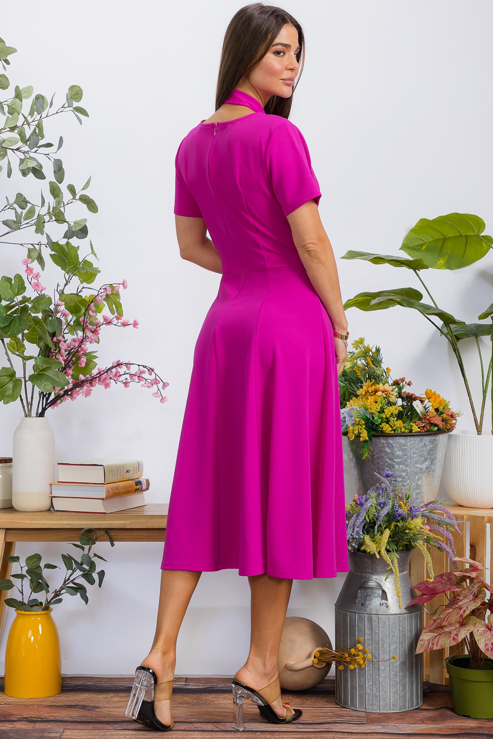 HH726BX-S Plus Size Roll Up Sleeve Belted Dress