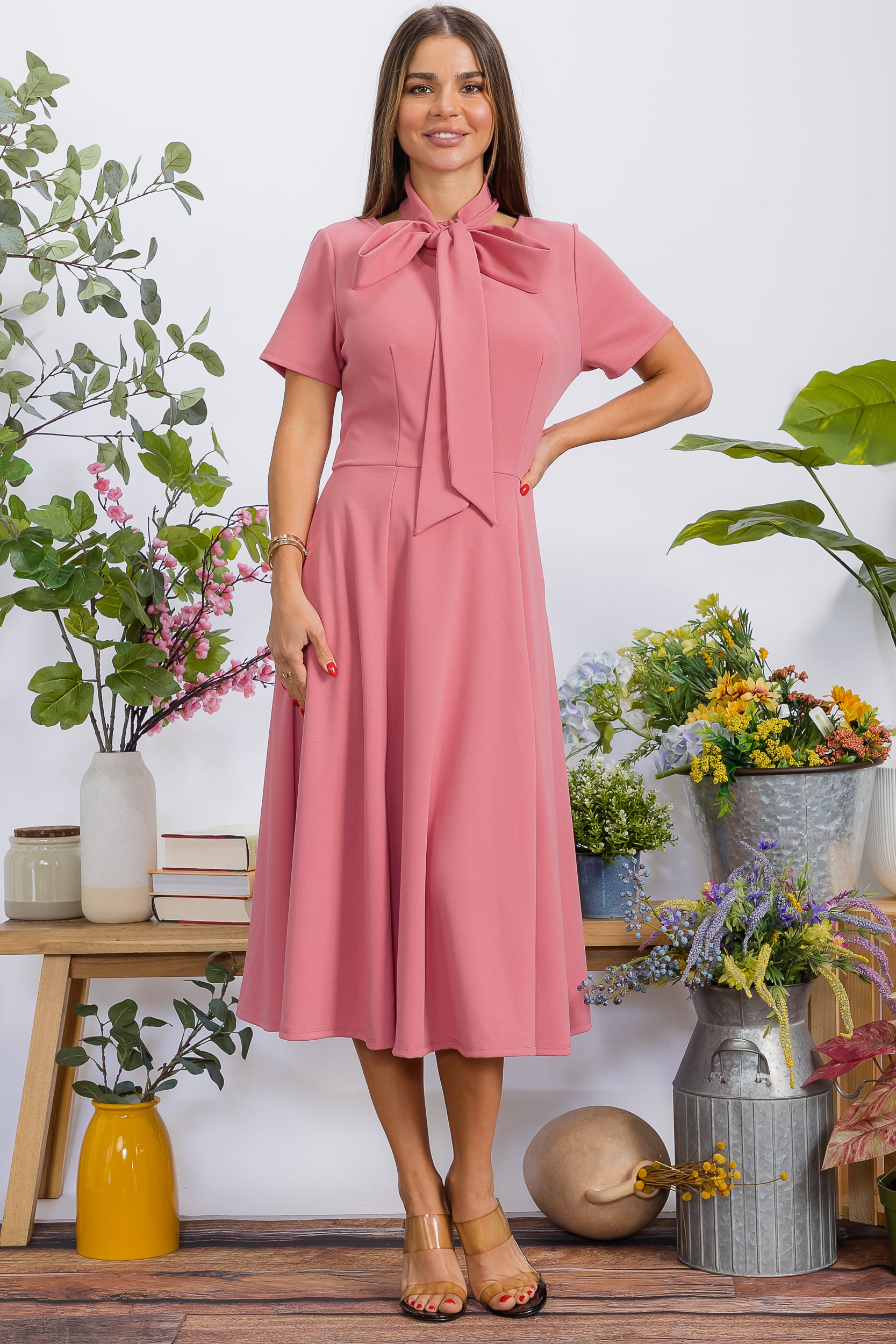 HH726BX-S Plus Size Roll Up Sleeve Belted Dress
