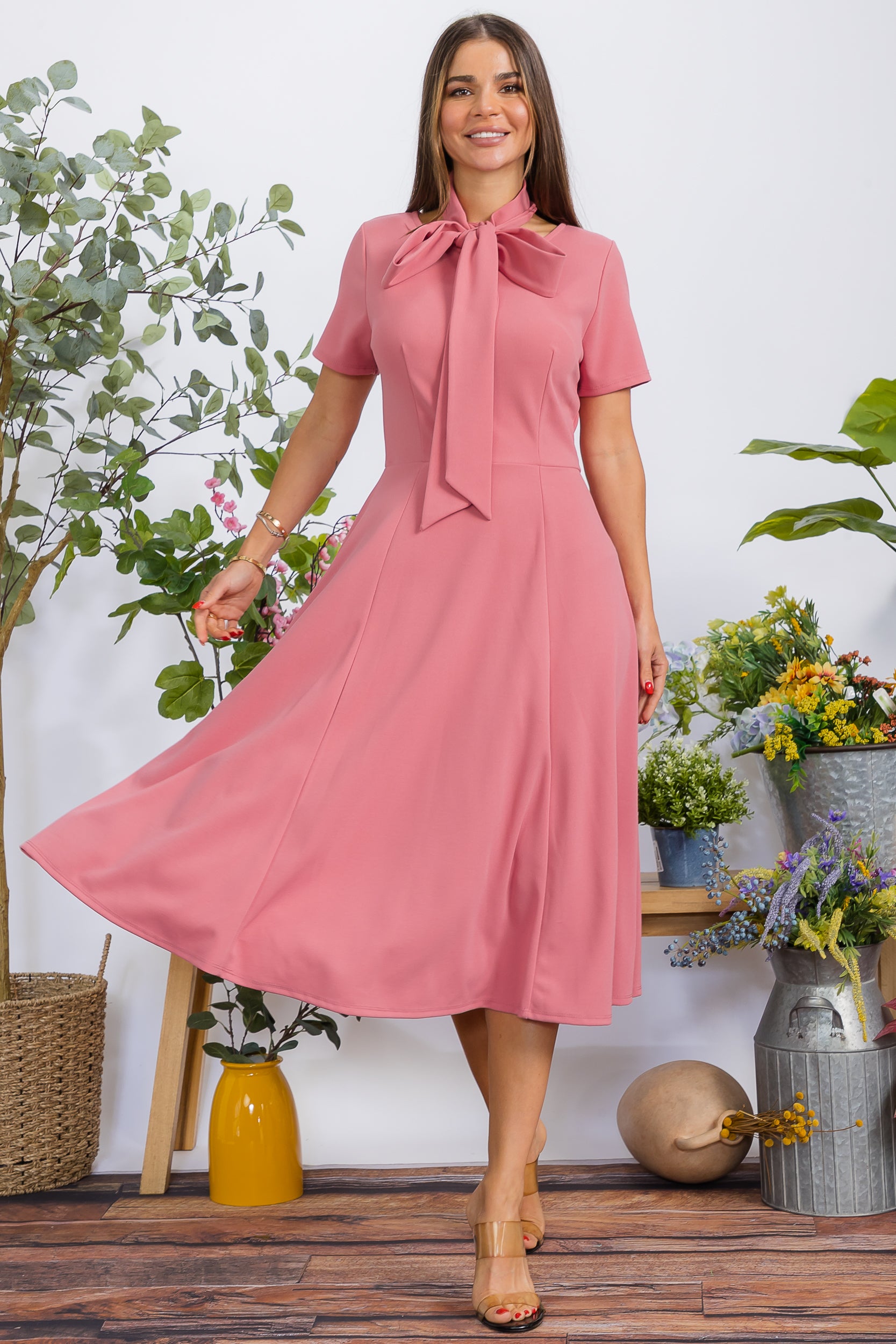 HH726BX-S Plus Size Roll Up Sleeve Belted Dress