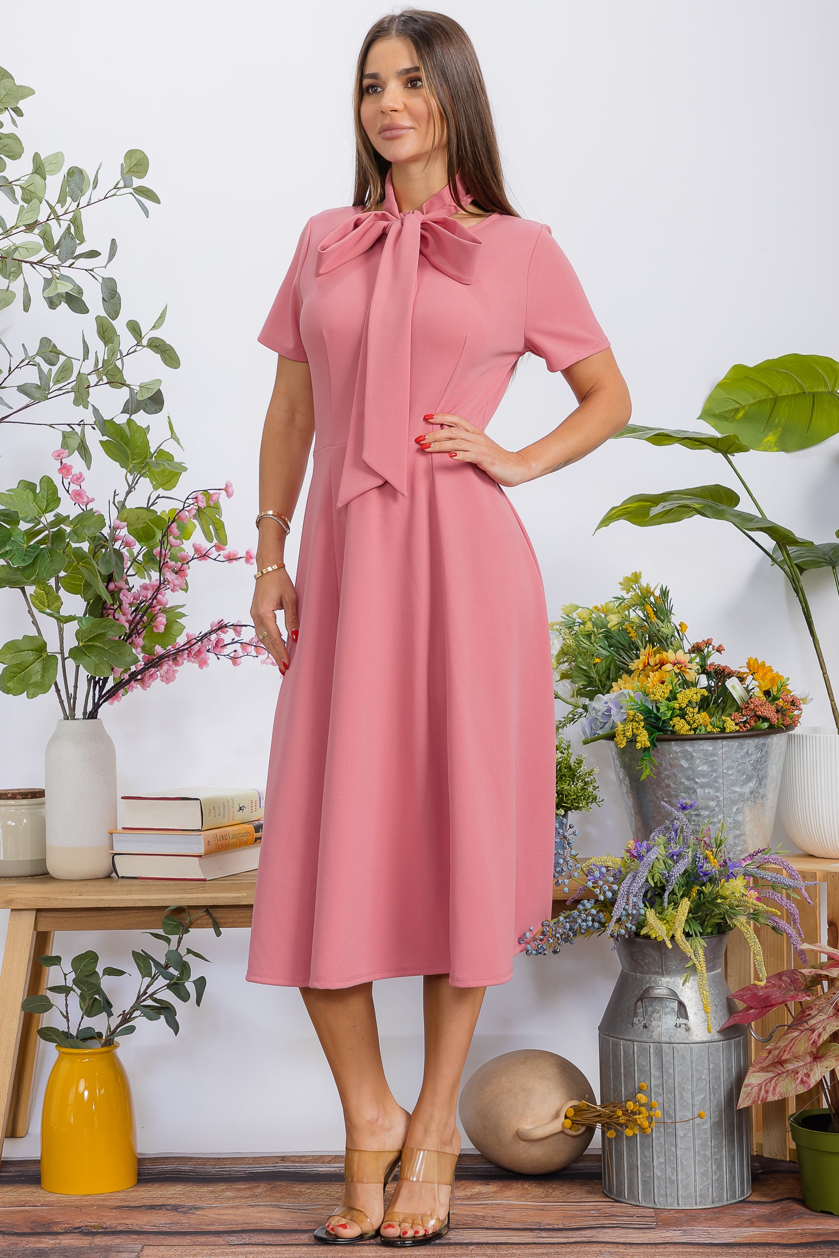 HH726BX-S Plus Size Roll Up Sleeve Belted Dress