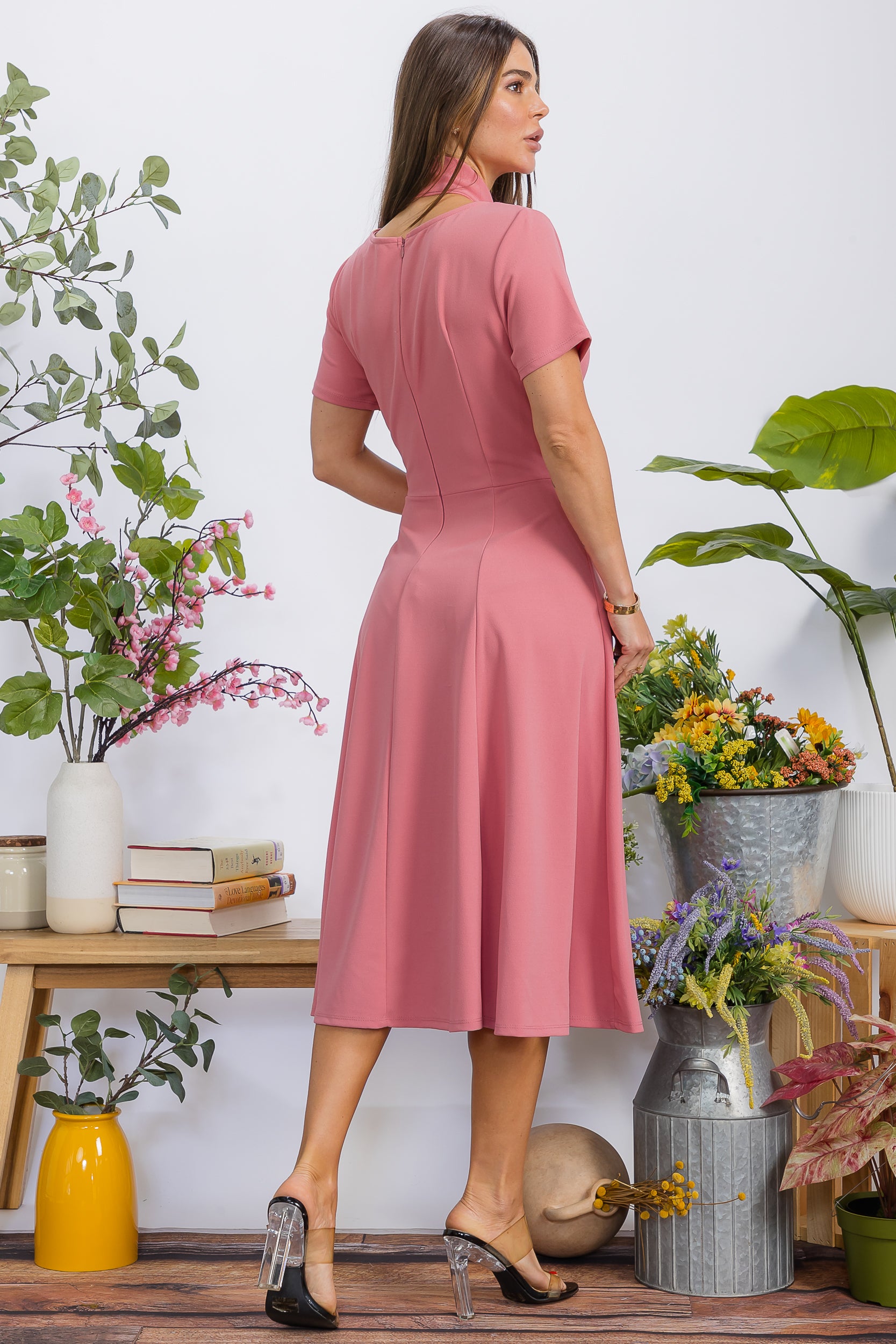 HH726BX-S Plus Size Roll Up Sleeve Belted Dress