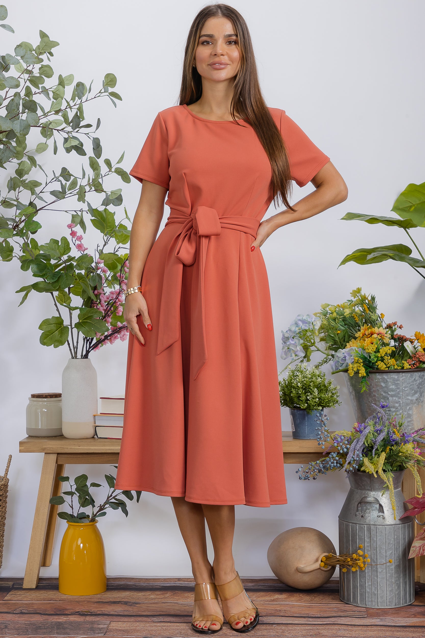 HH726BX-S Plus Size Roll Up Sleeve Belted Dress