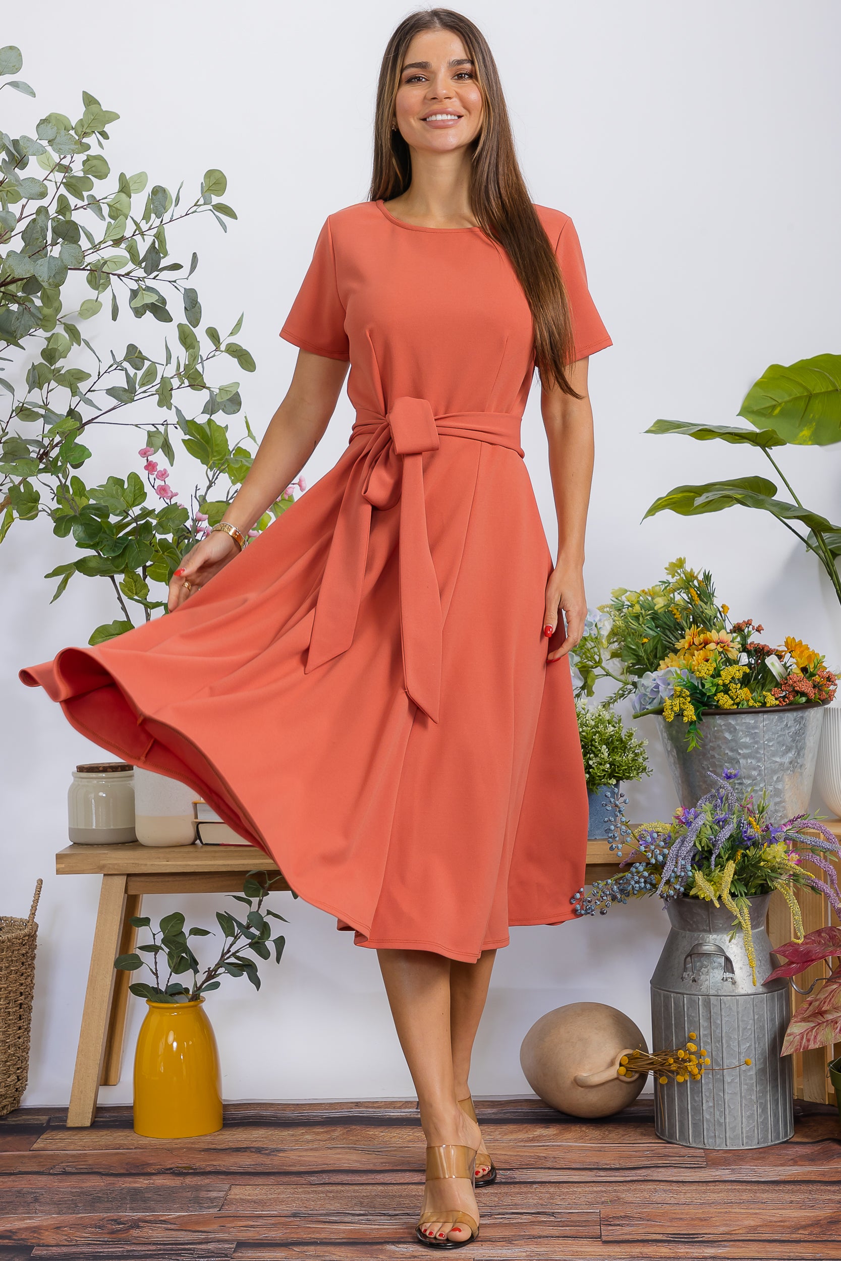 HH726BX-S Plus Size Roll Up Sleeve Belted Dress
