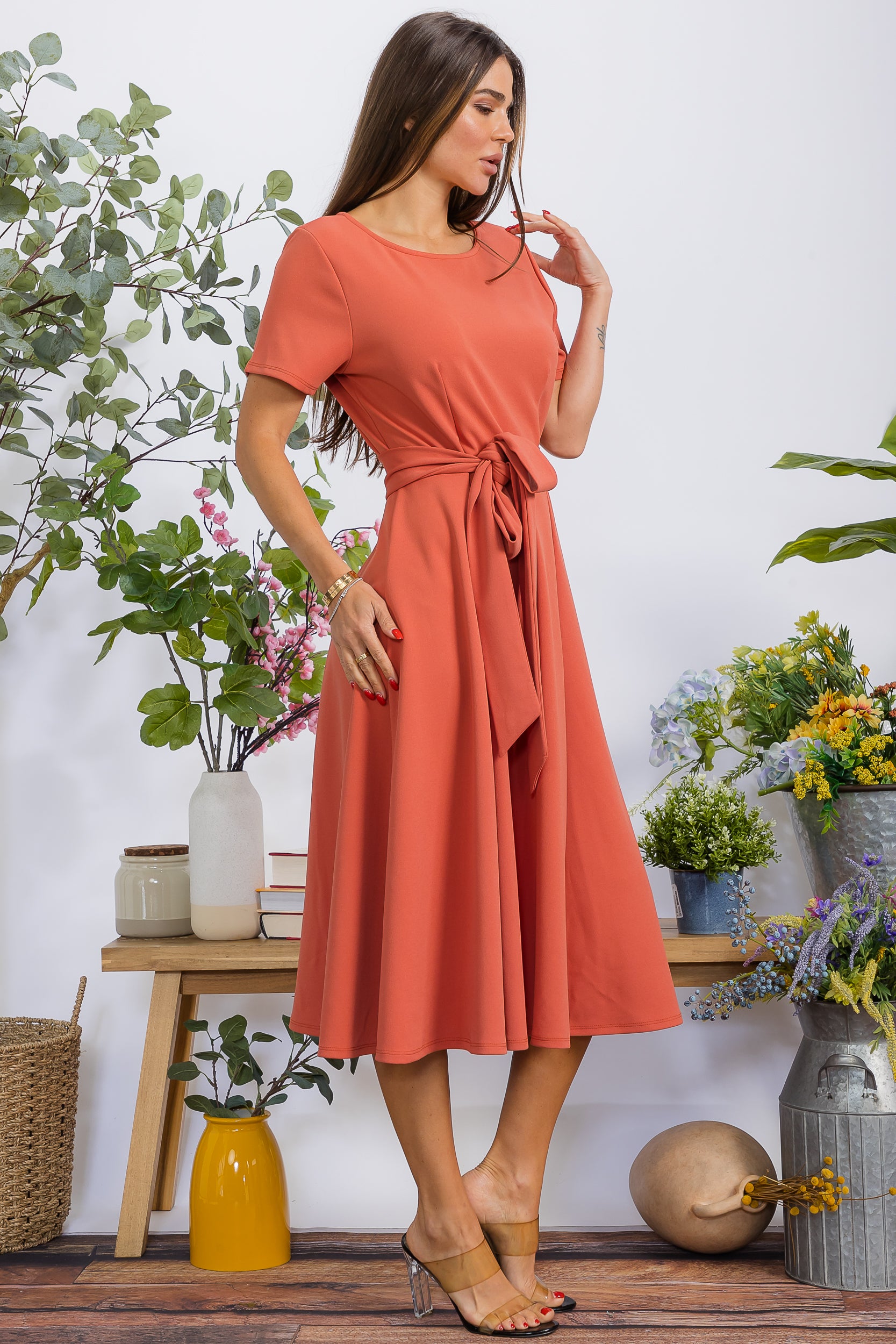 HH726BX-S Plus Size Roll Up Sleeve Belted Dress