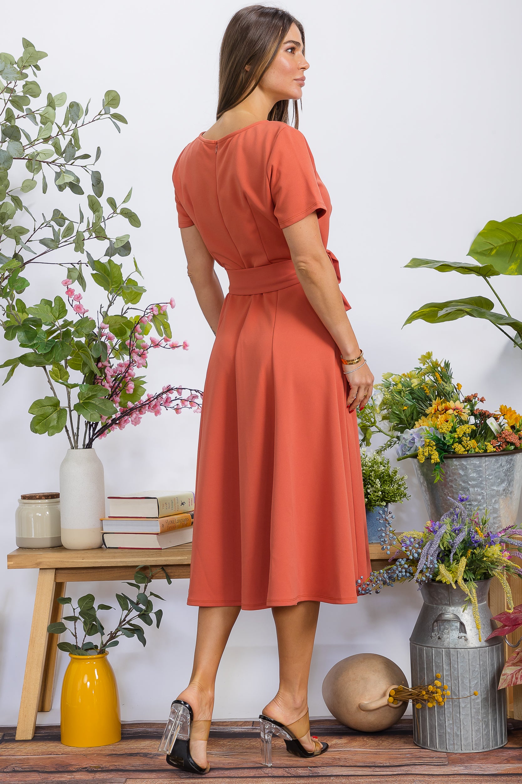HH726BX-S Plus Size Roll Up Sleeve Belted Dress