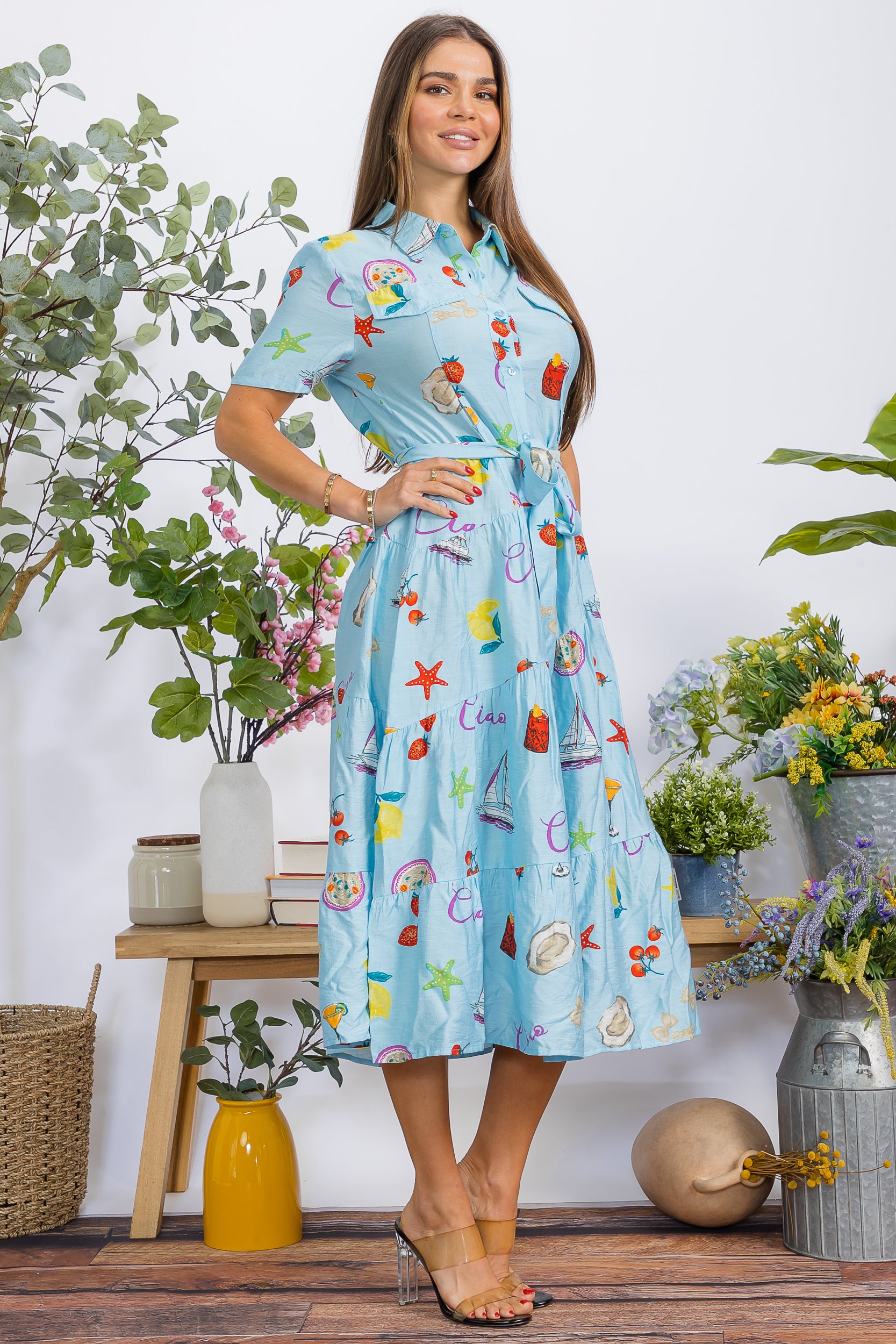 41995D Button Down Collar Short Sleeve Tier Midi Dress