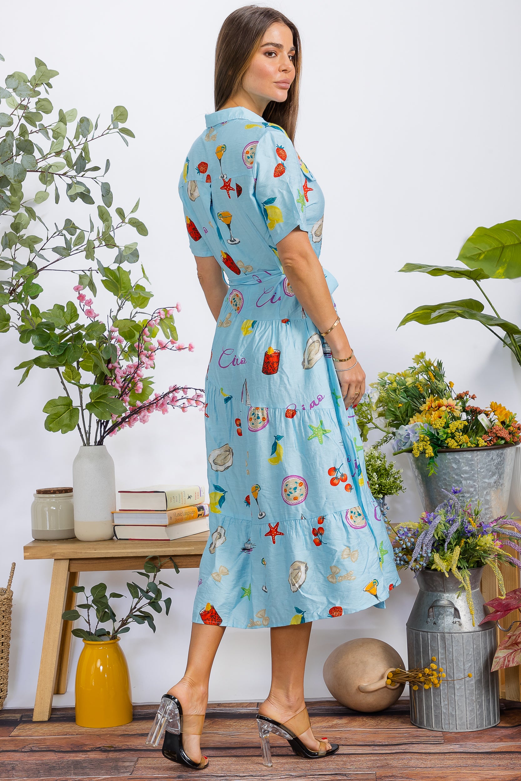 41995D Button Down Collar Short Sleeve Tier Midi Dress