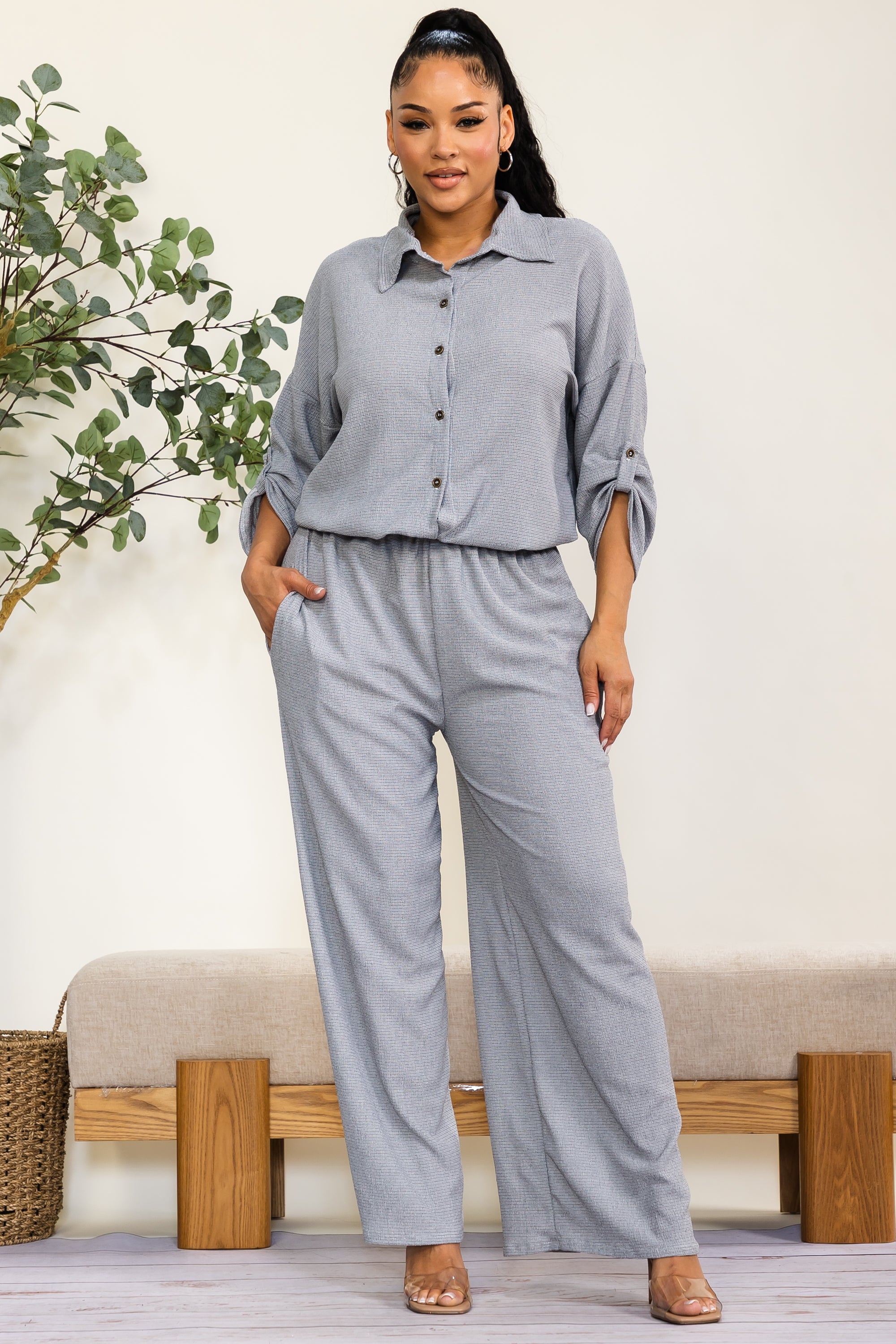 HH753X1-55-S1 - Plus Size Button Down Two-Piece Set