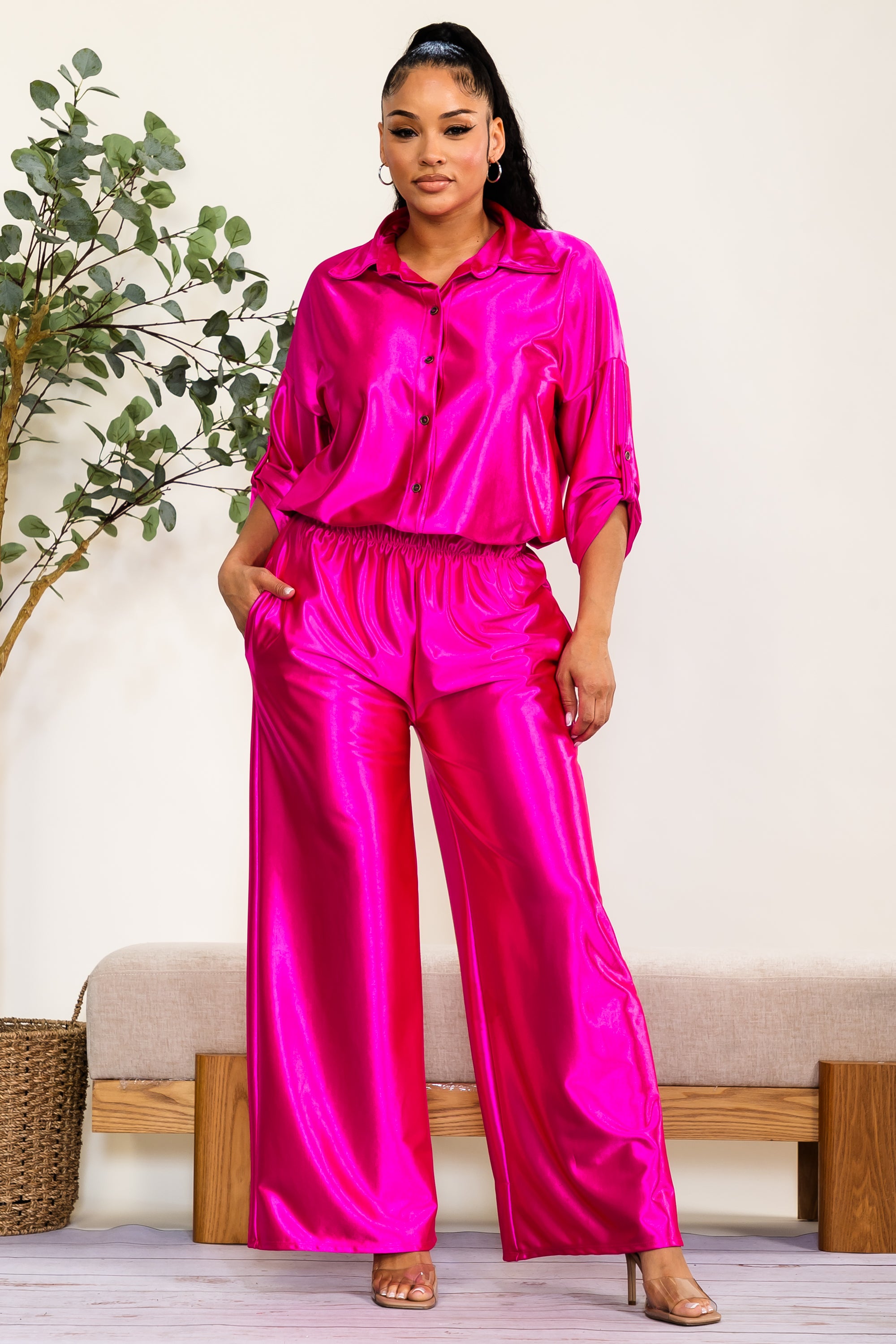 HH753R2-55-S2 - Satin Button Down Two Piece Set