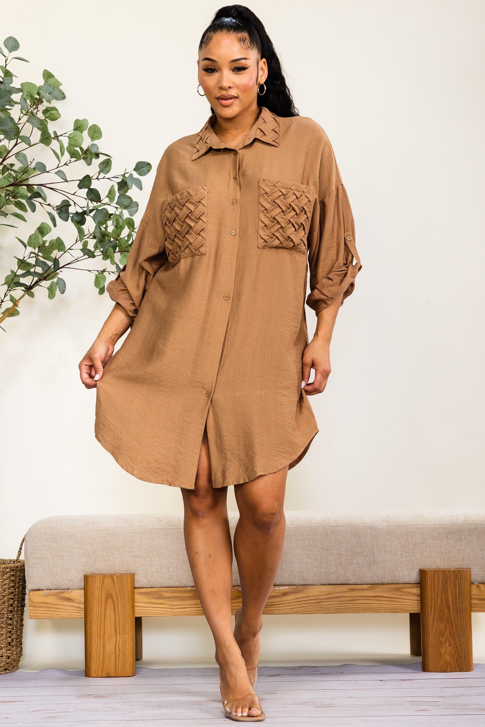 YD226R-S - Pocket Button-Down Shirt Dress