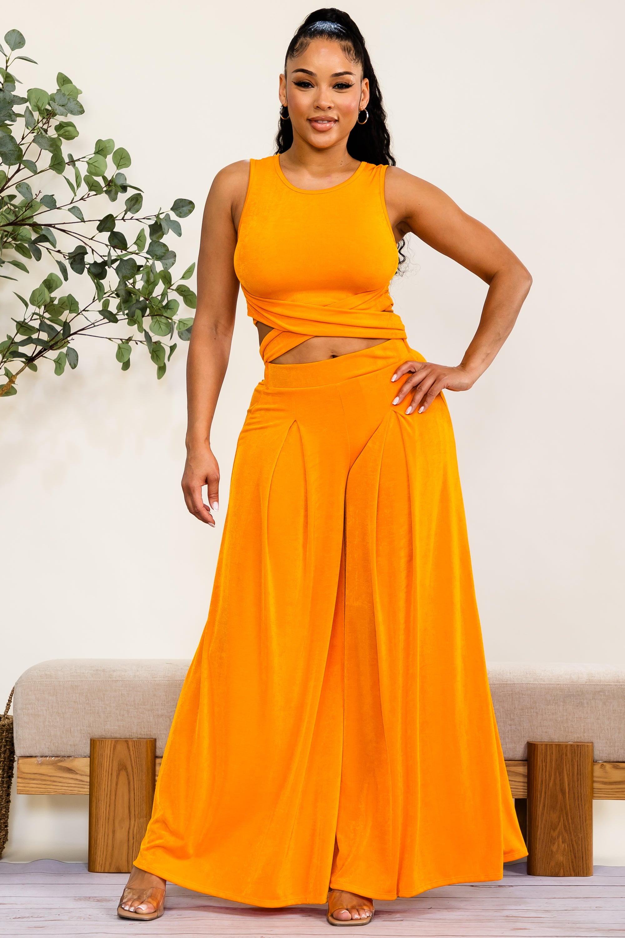 HH688X-S - Plus Size Wrap Tie Crop Top & Wide Leg Pants Set