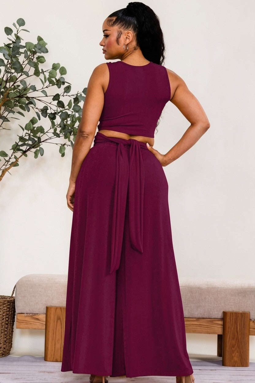 HH688X-S - Plus Size Wrap Tie Crop Top & Wide Leg Pants Set