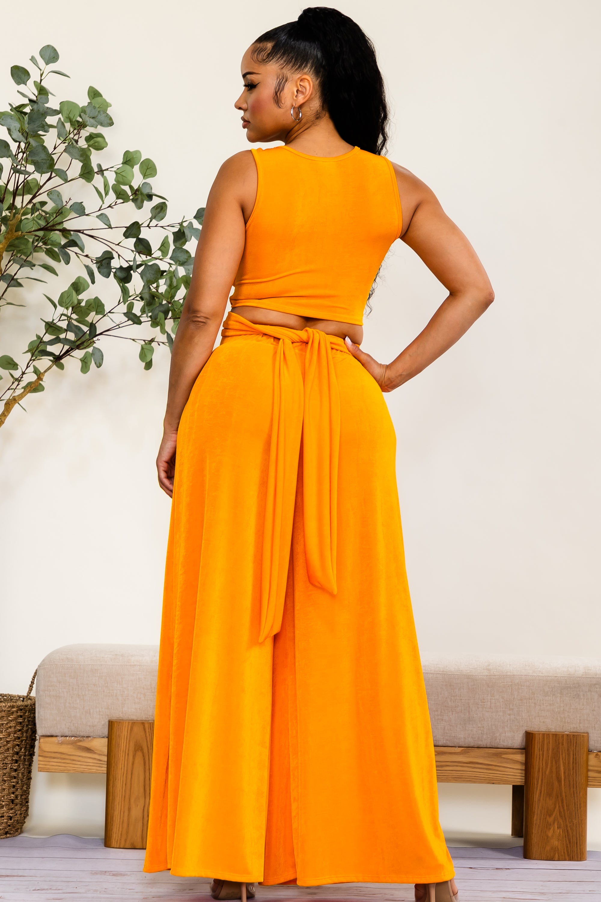HH688X-S - Plus Size Wrap Tie Crop Top & Wide Leg Pants Set